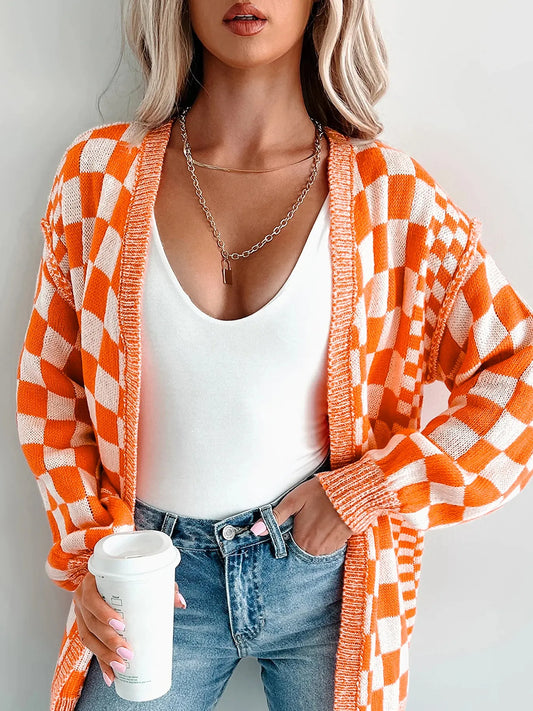 Checkered Pattern Open Front Cardigan