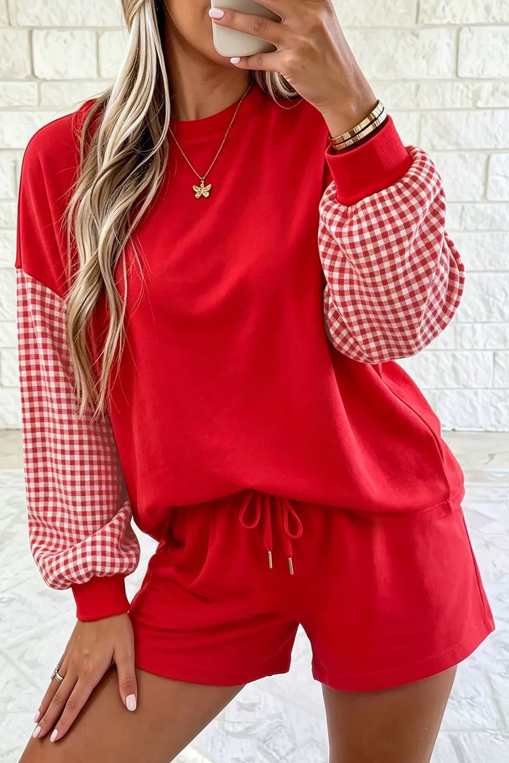 Gingham Patchwork Long Sleeve Sweatshirt and Shorts Set