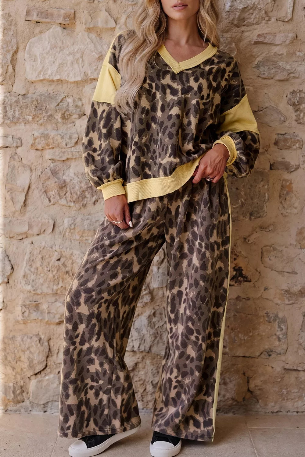 Leopard Print Long Sleeve V-Neck Top & Wide Leg Pant Set