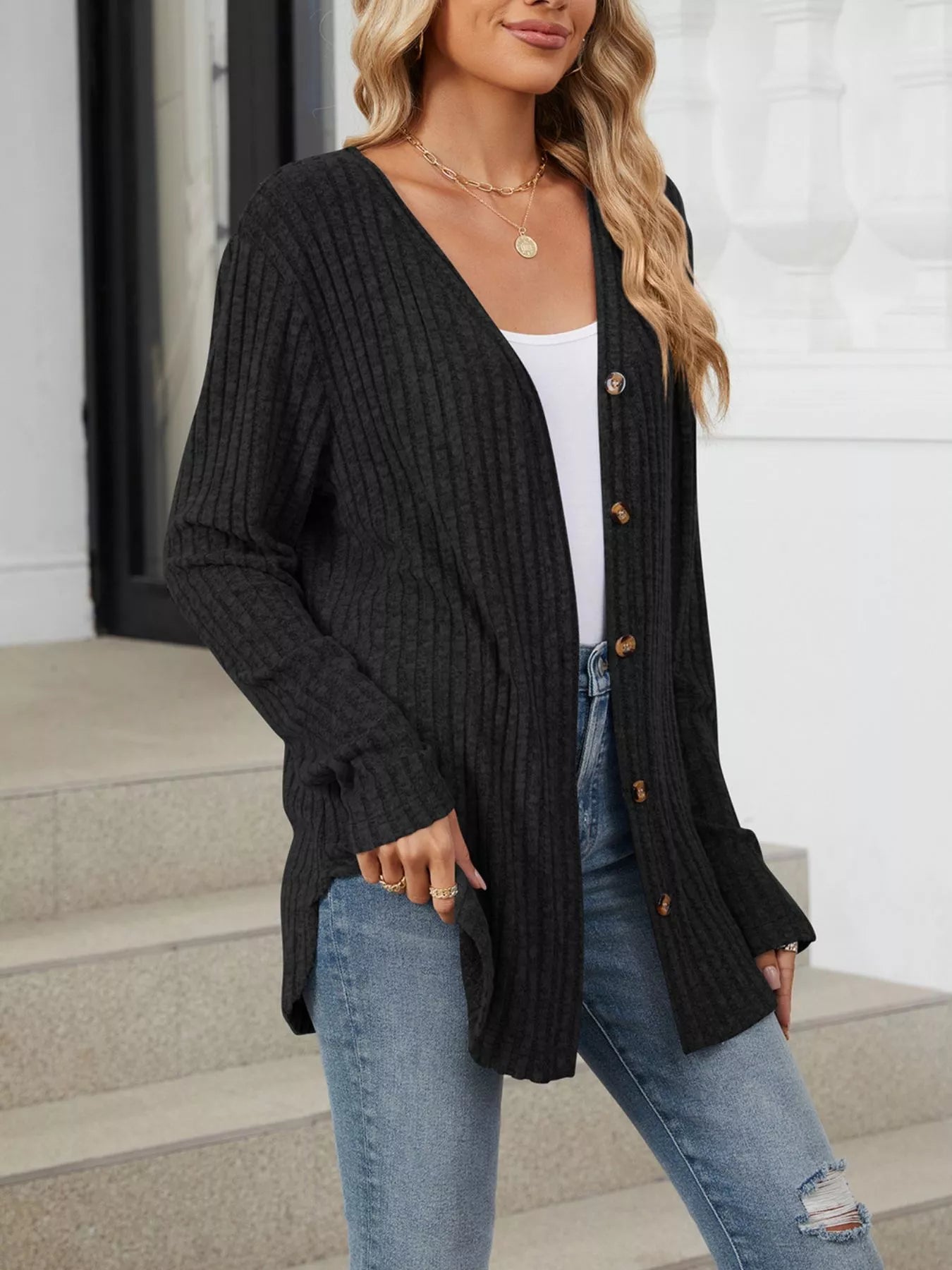 Ribbed Button-Up Cardigan
