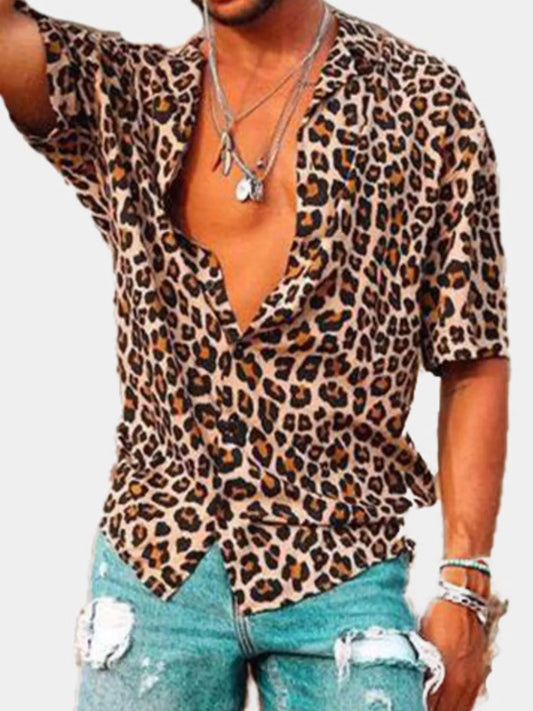 Men's Full Size Leopard Print Short Sleeve Shirt Plus Size