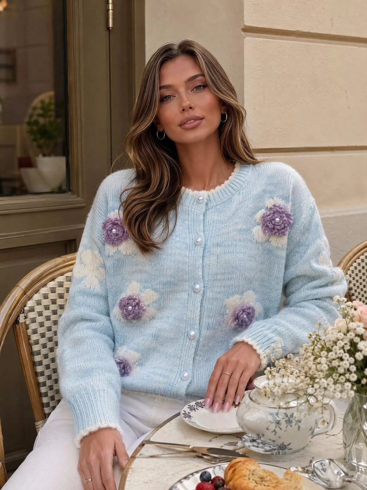 Floral Applique Button-Down Knit Cardigan