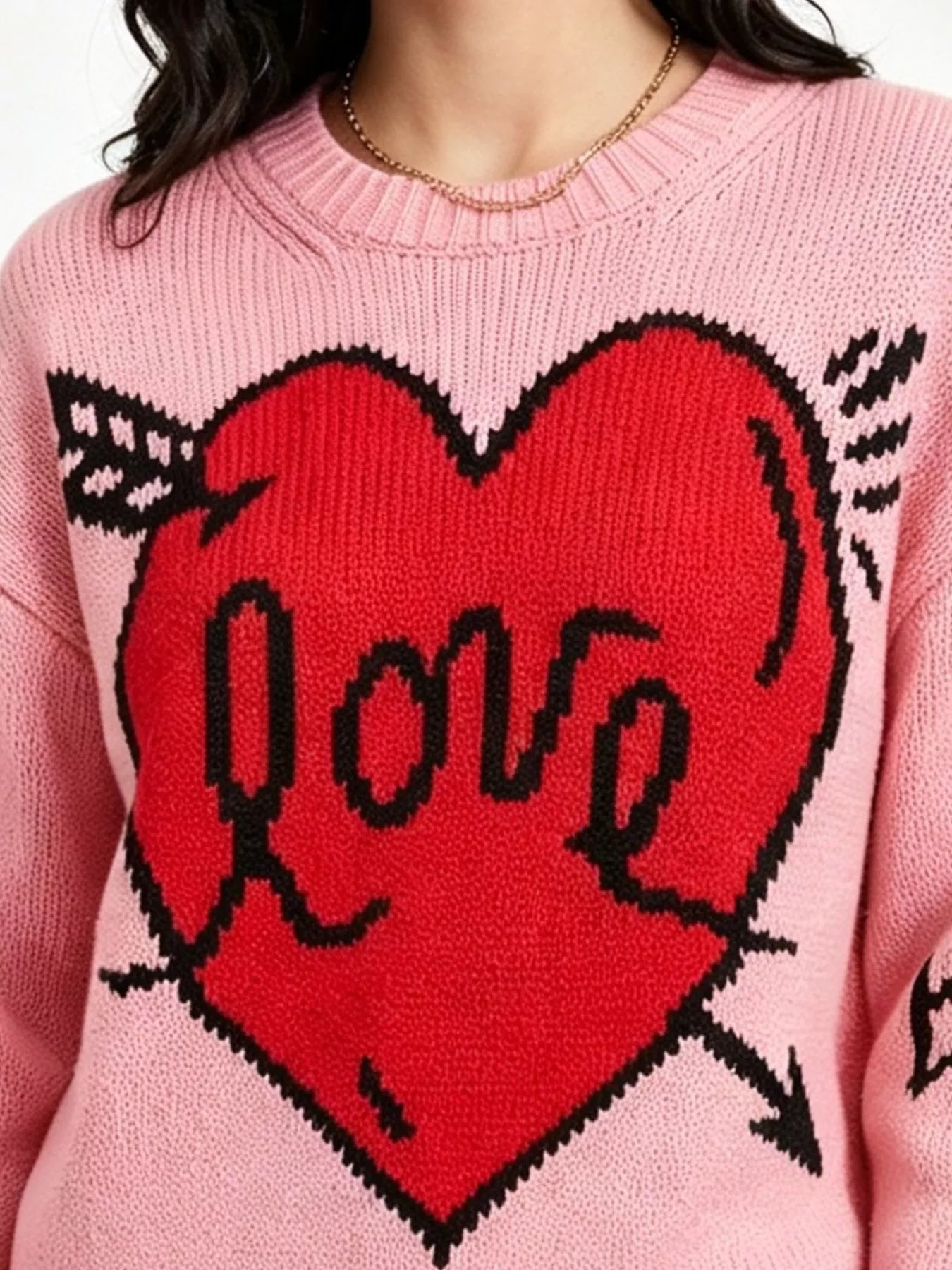 Heart Round Neck Ribbed Sweater