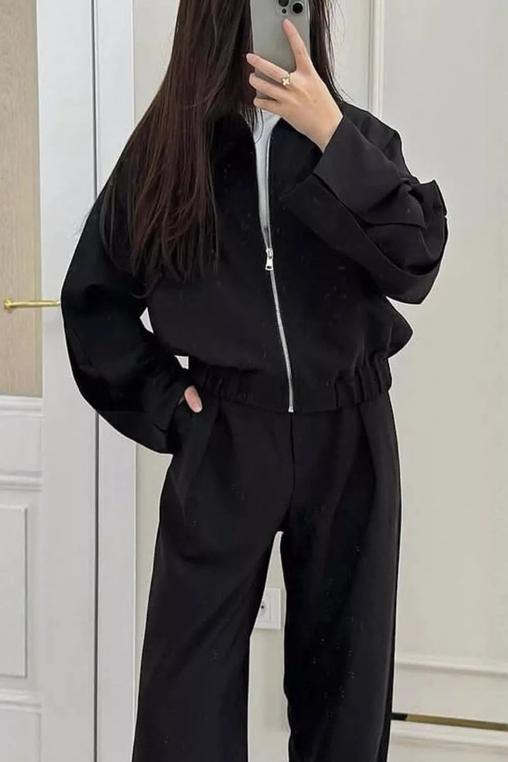 Zip-Up Jacket and Wide-Leg Pants Set