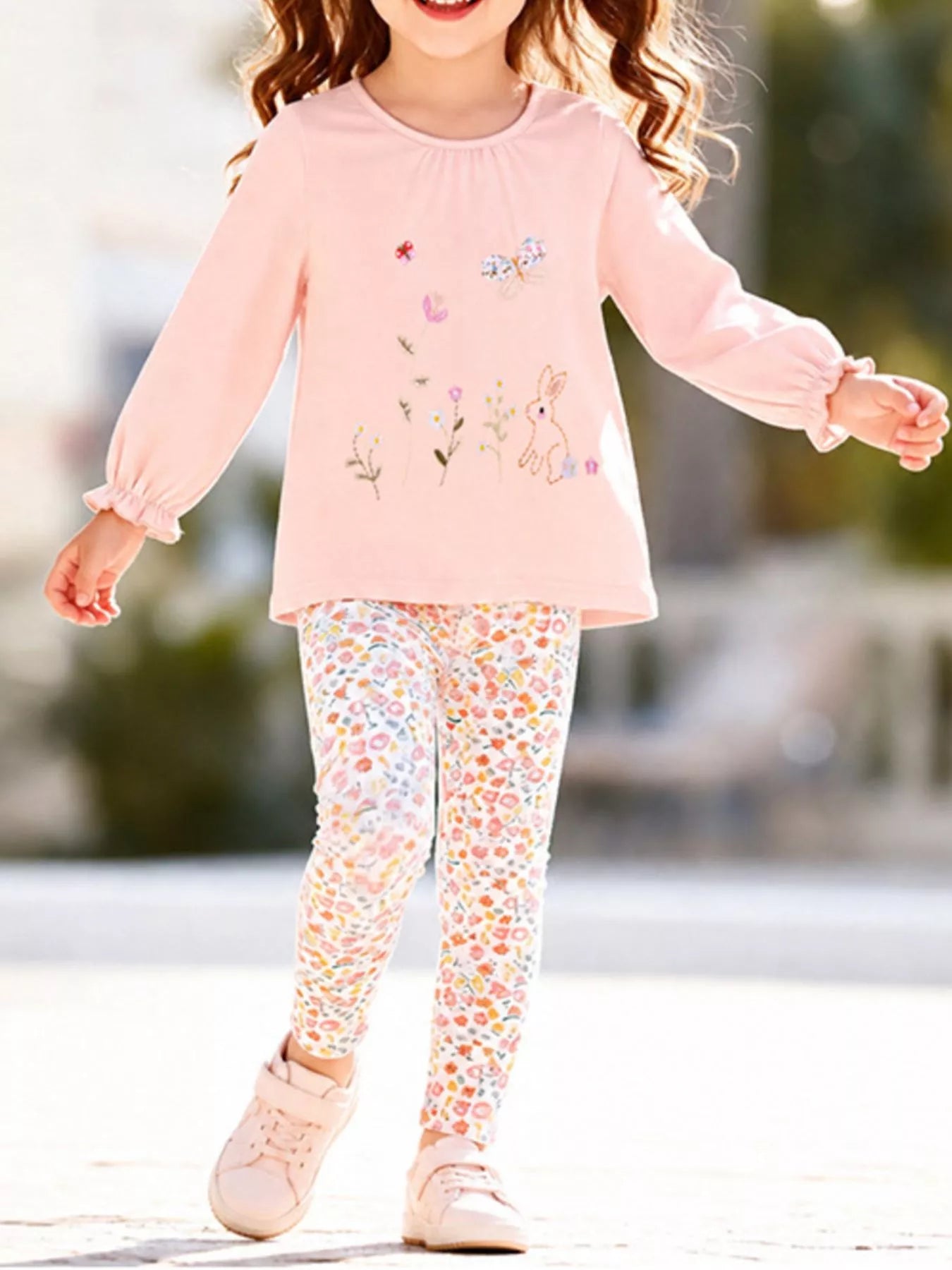 Children‘s Embroidered Long Sleeve Top and Floral Leggings Set