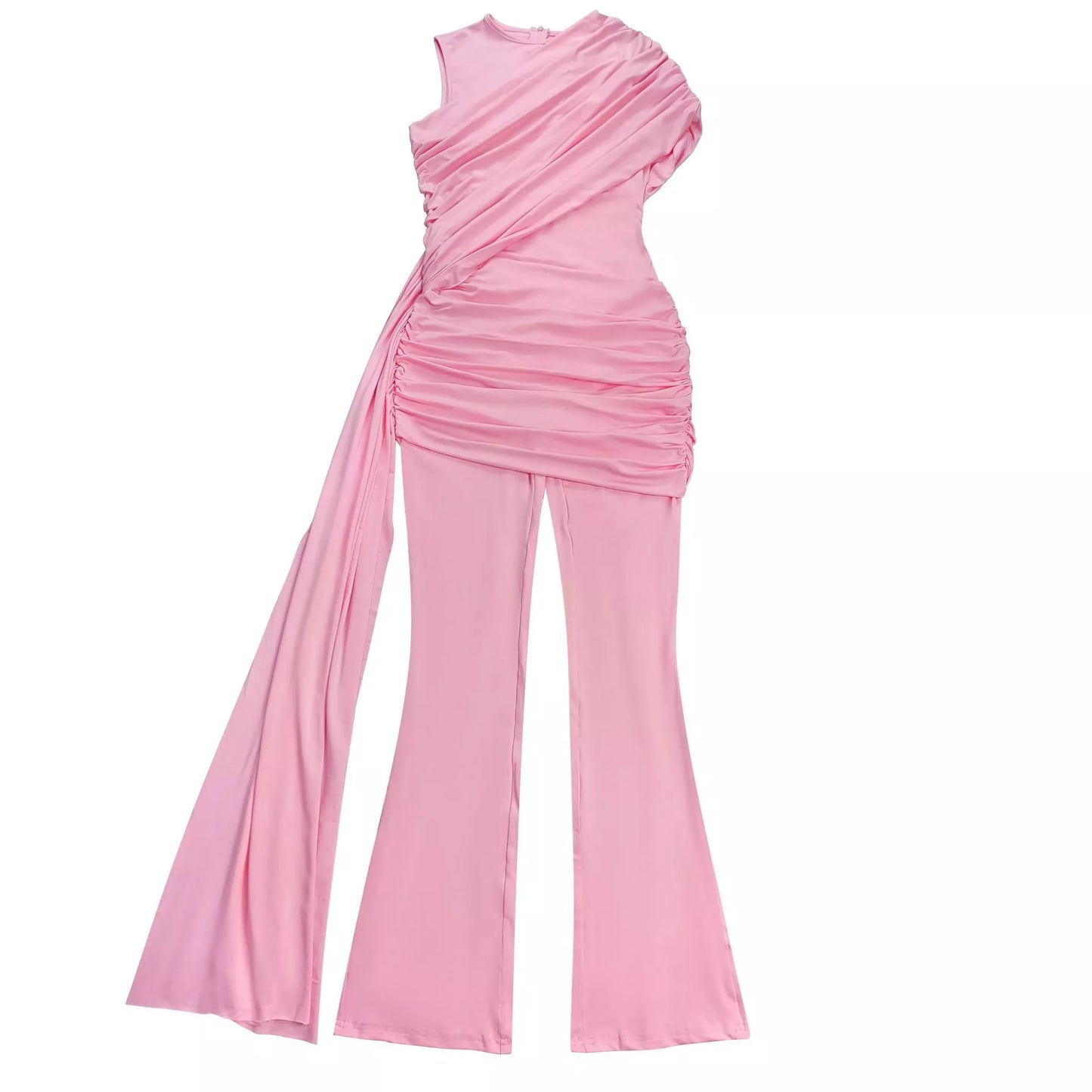 Ruched One-Shoulder Flare Leg Jumpsuit