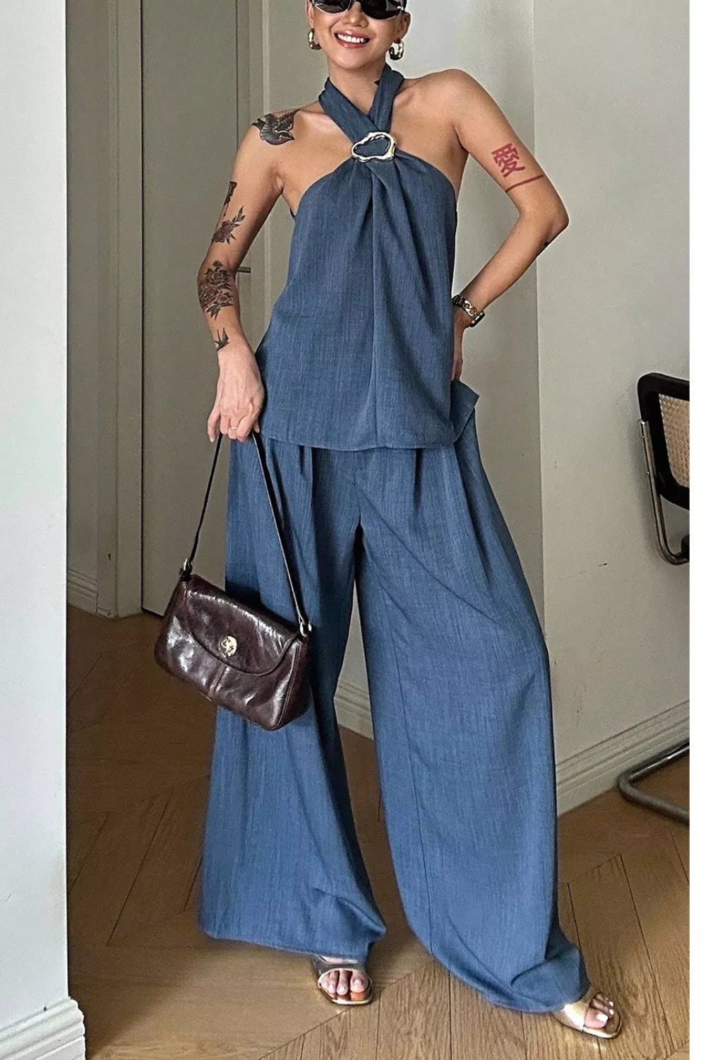 Halter Neck Top and Wide-Leg Pants Set