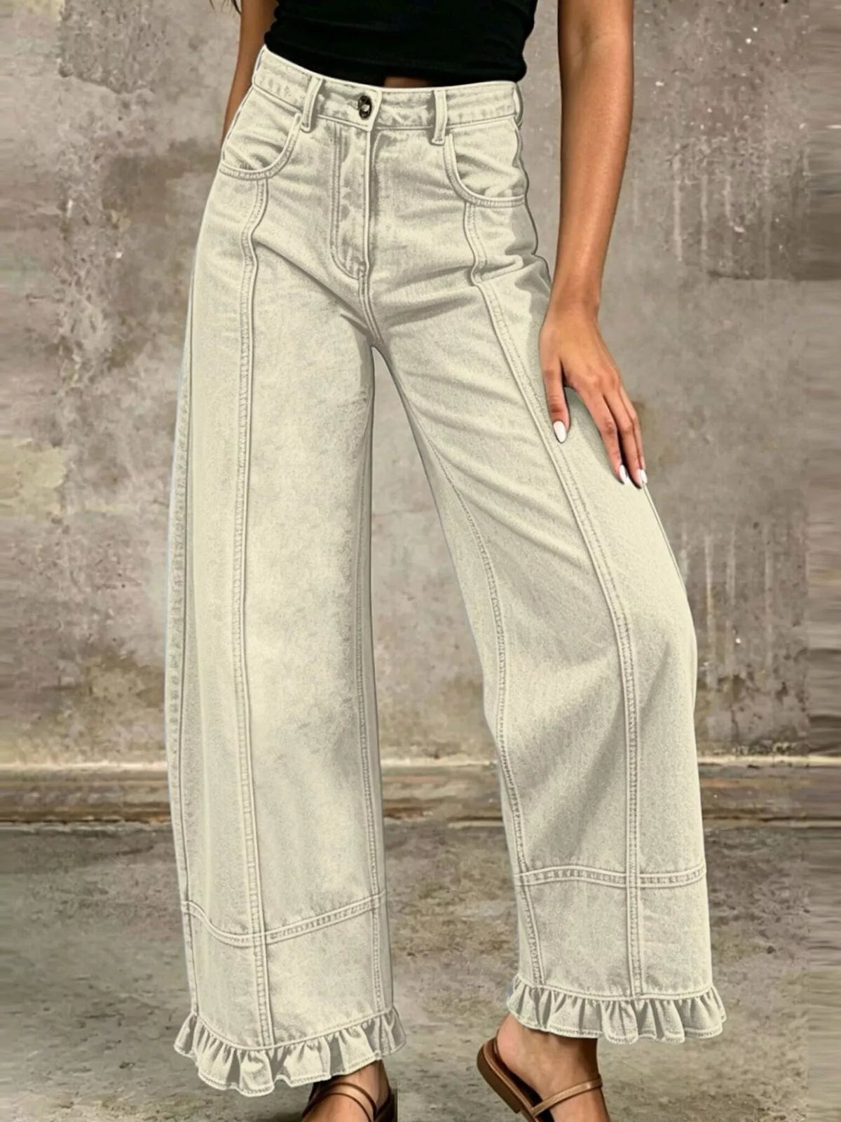 Full Size High-Waisted Wide-Leg Ruffled Hem Jeans Plus Size