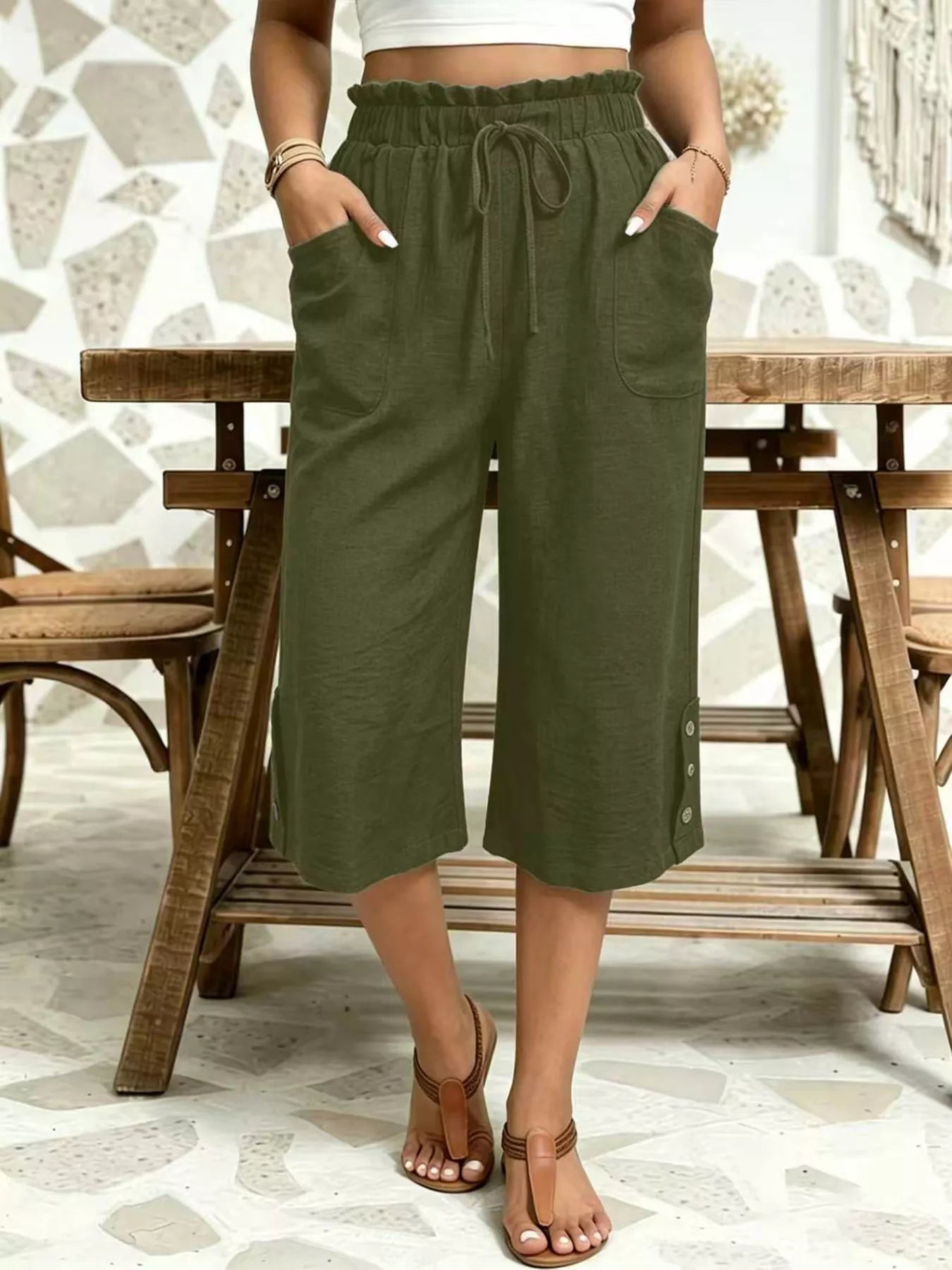 High-Waisted Drawstring Capris