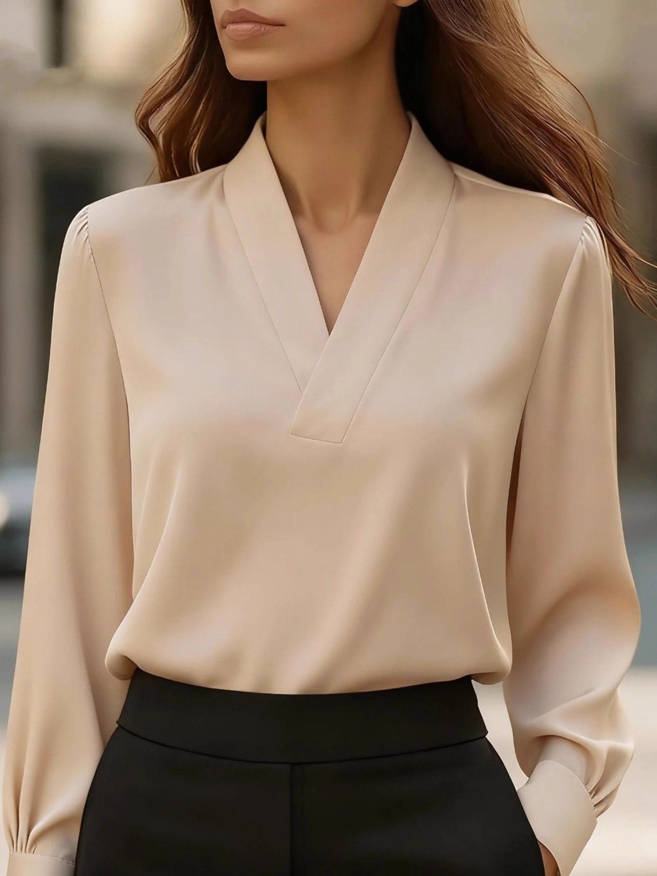 V-Neck Long Sleeve Satin Blouse