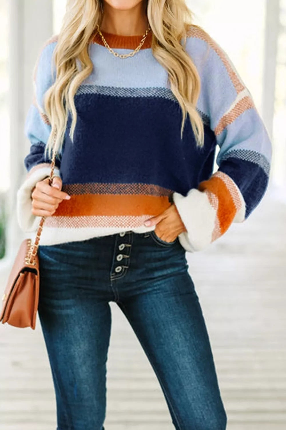 Color Block Round Neck Tunic Sweater