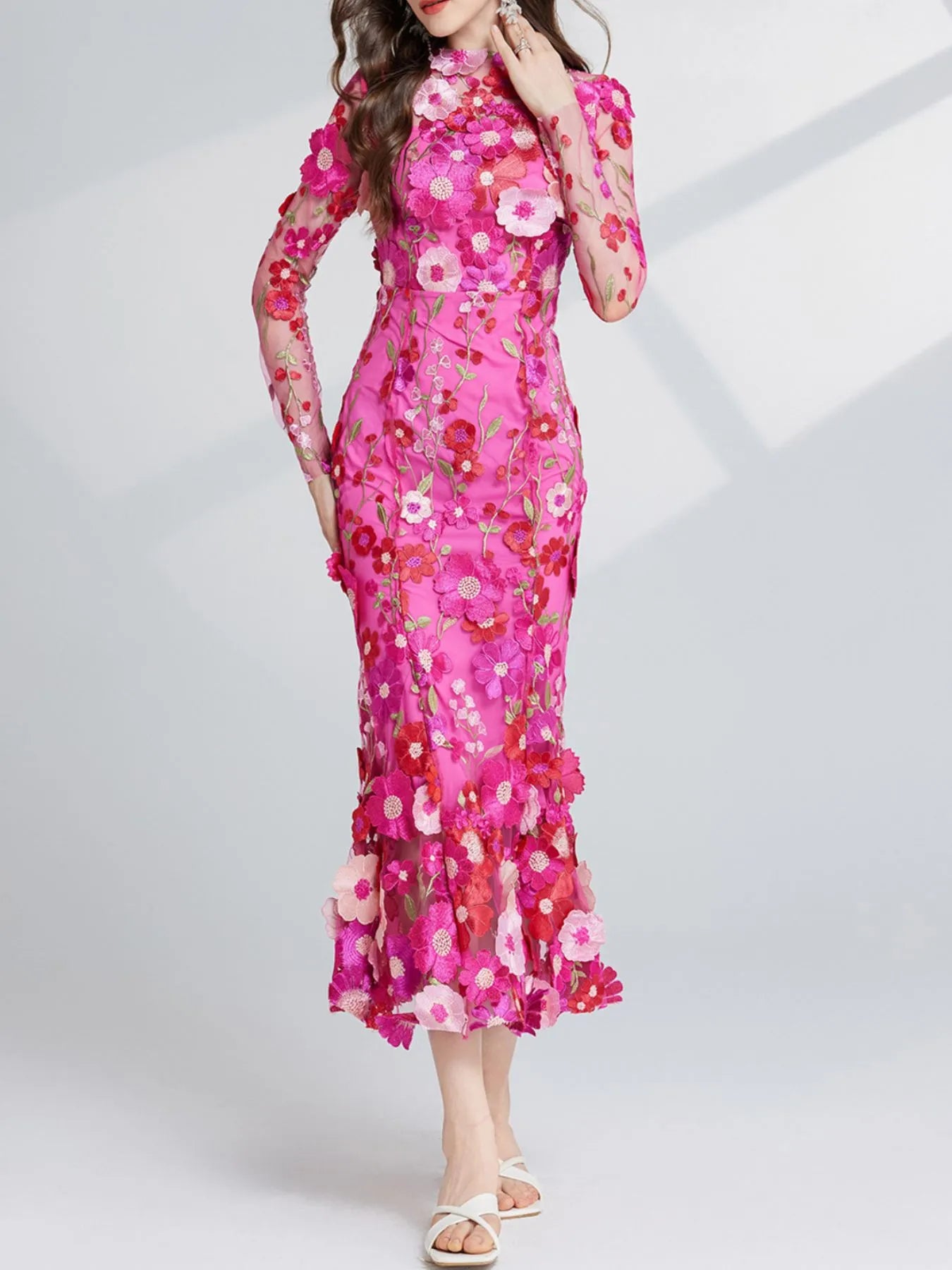 Floral Embroidered Mesh Long Sleeve Midi Dress