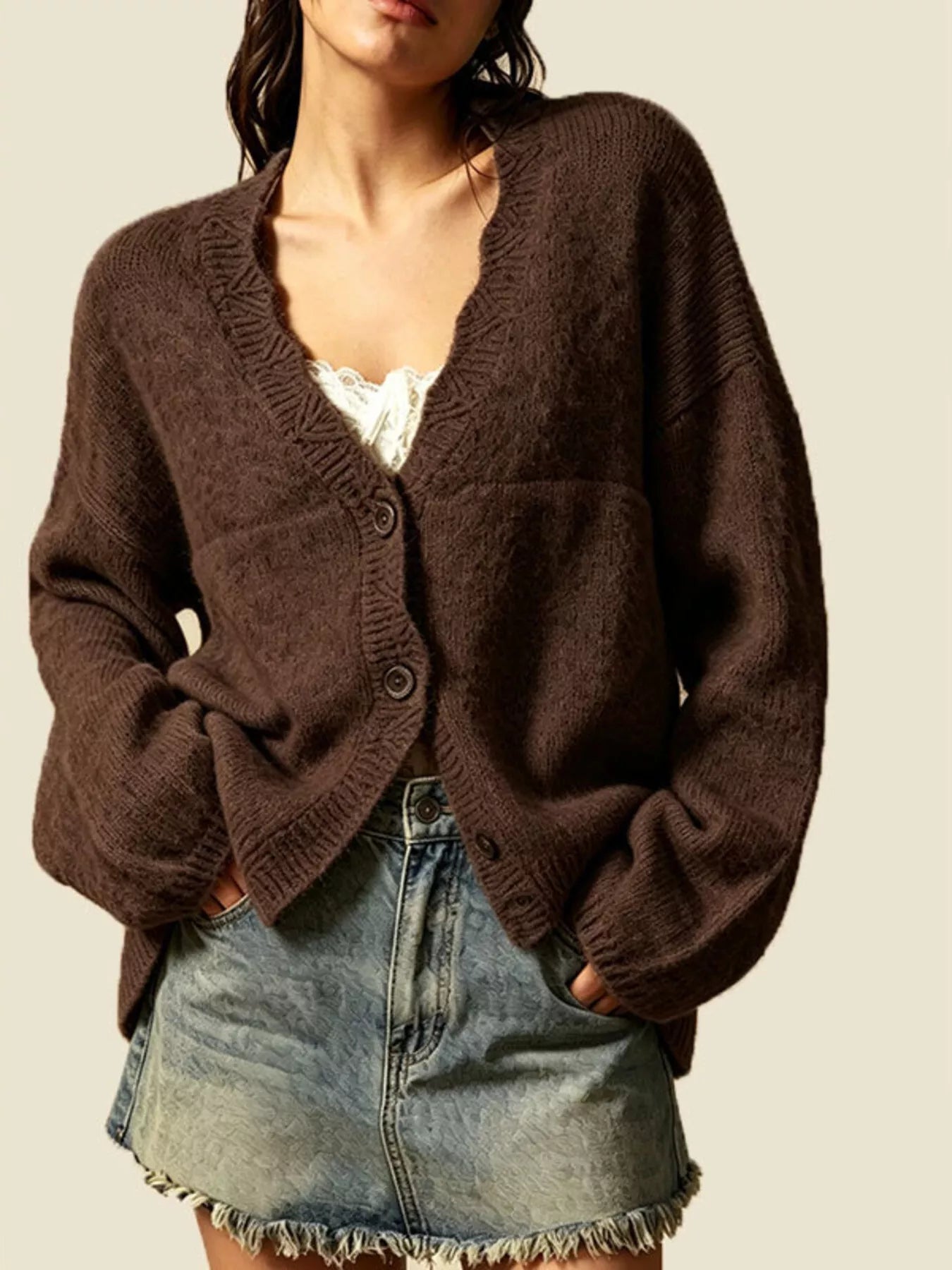 V-Neck Button-Down Knit Cardigan
