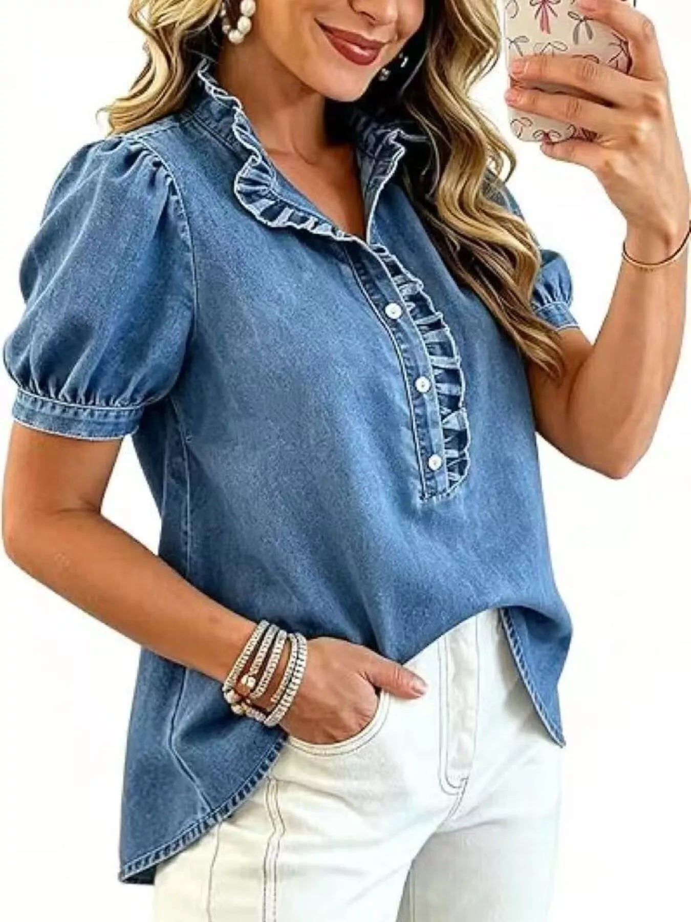 Frill Puff Sleeve Denim Top