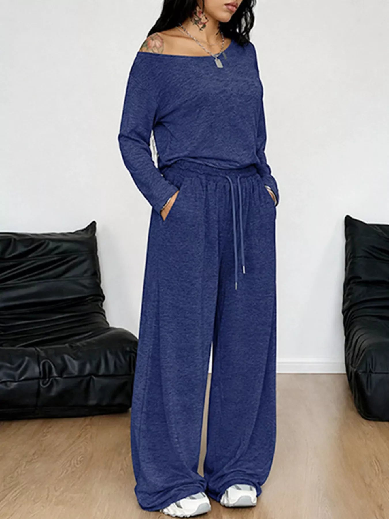 Full Size Comfortable Loose Fit One-Shoulder T-Shirt and Pants Set Plus Size