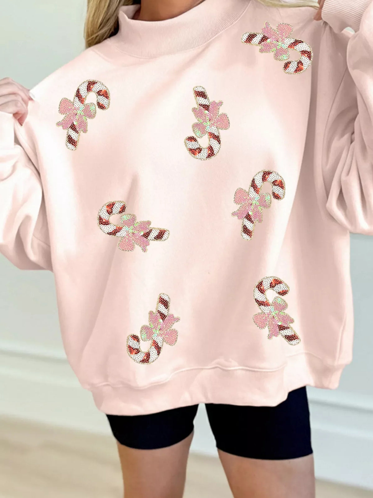 Sequin Candy Cane Ribbed Mock Neck Christmas Sweatshirt