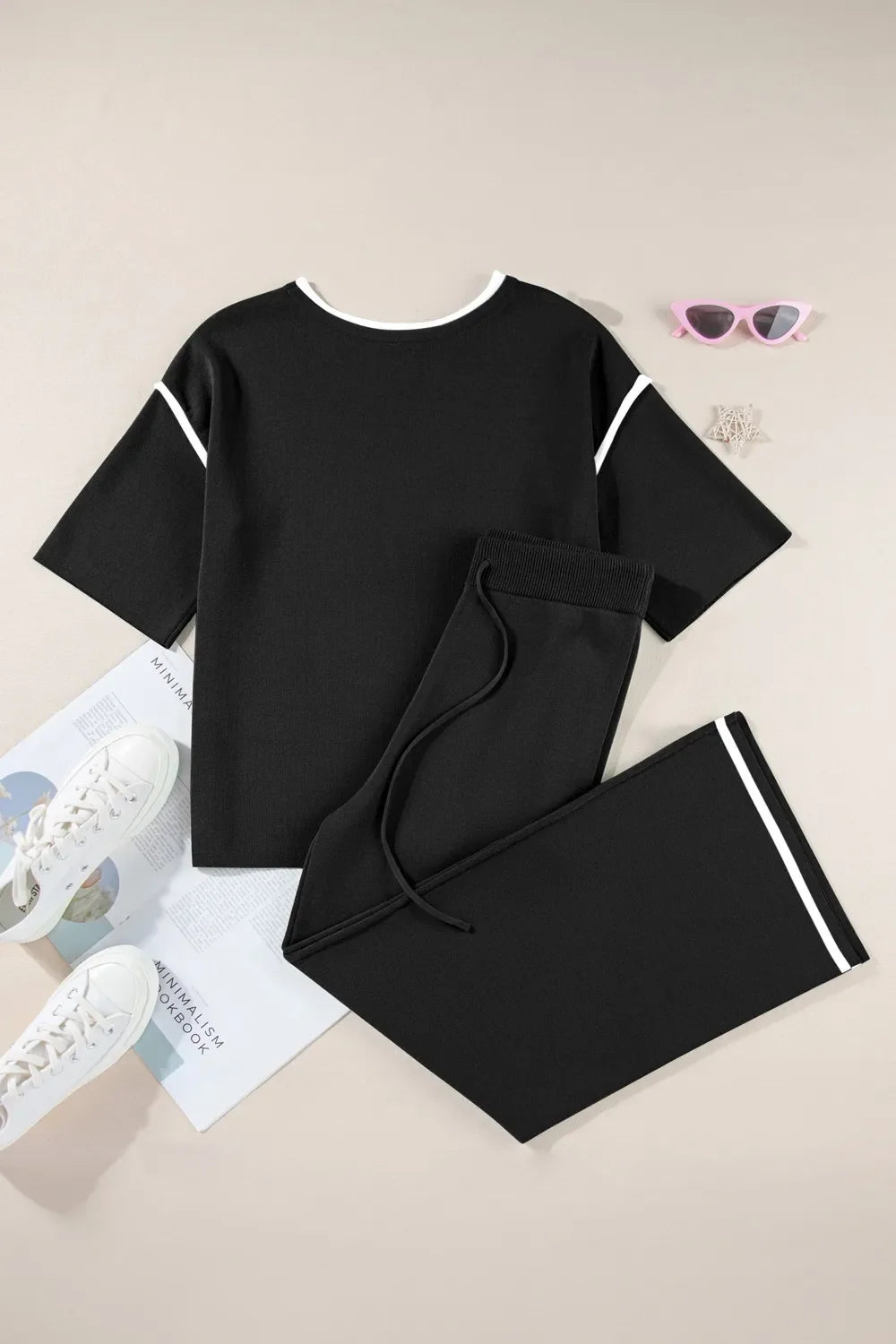 Contrast Trim Round Neck Top and Pants Set