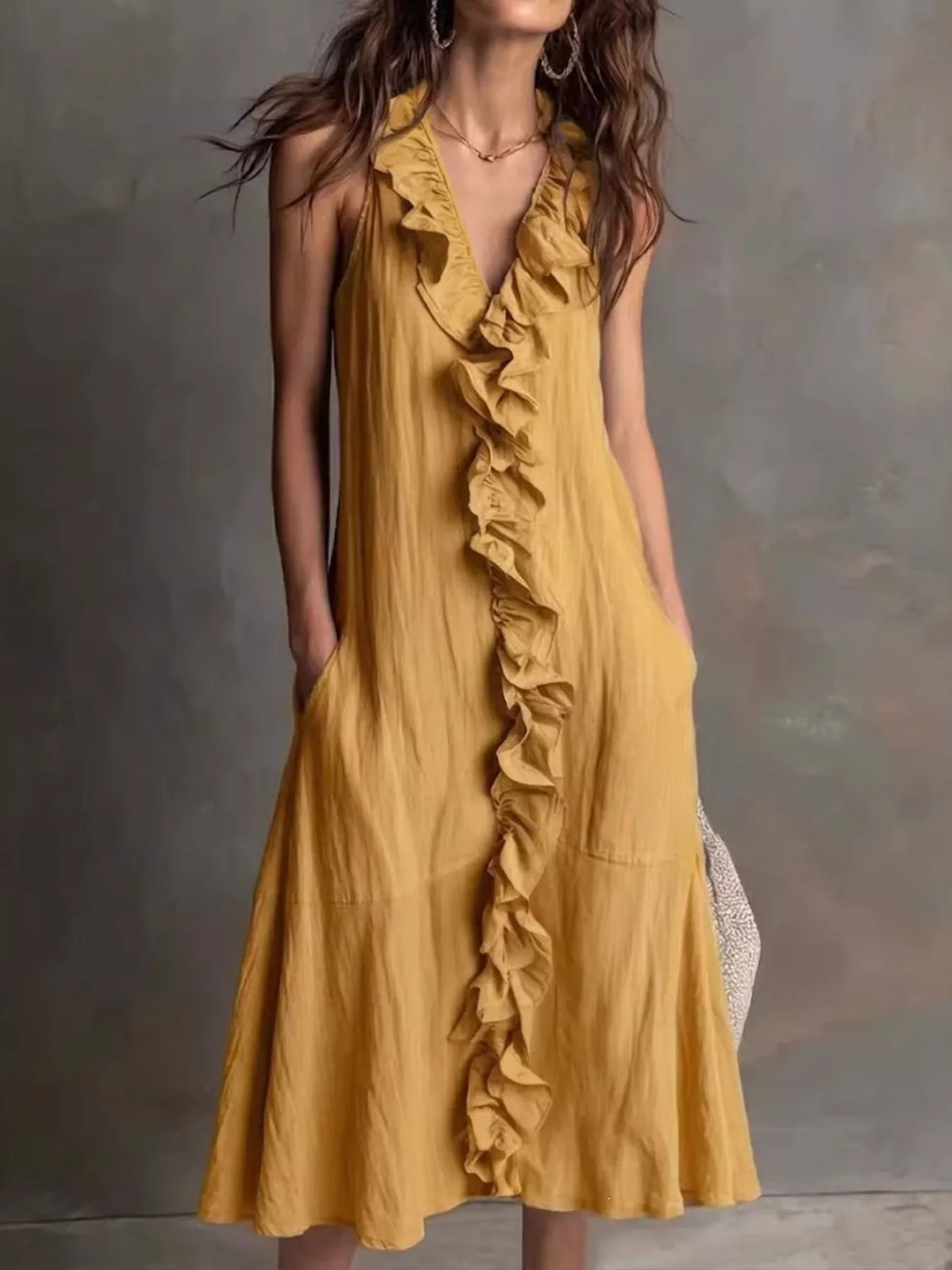 Sleeveless Ruffle Trim V-Neck Midi Dress