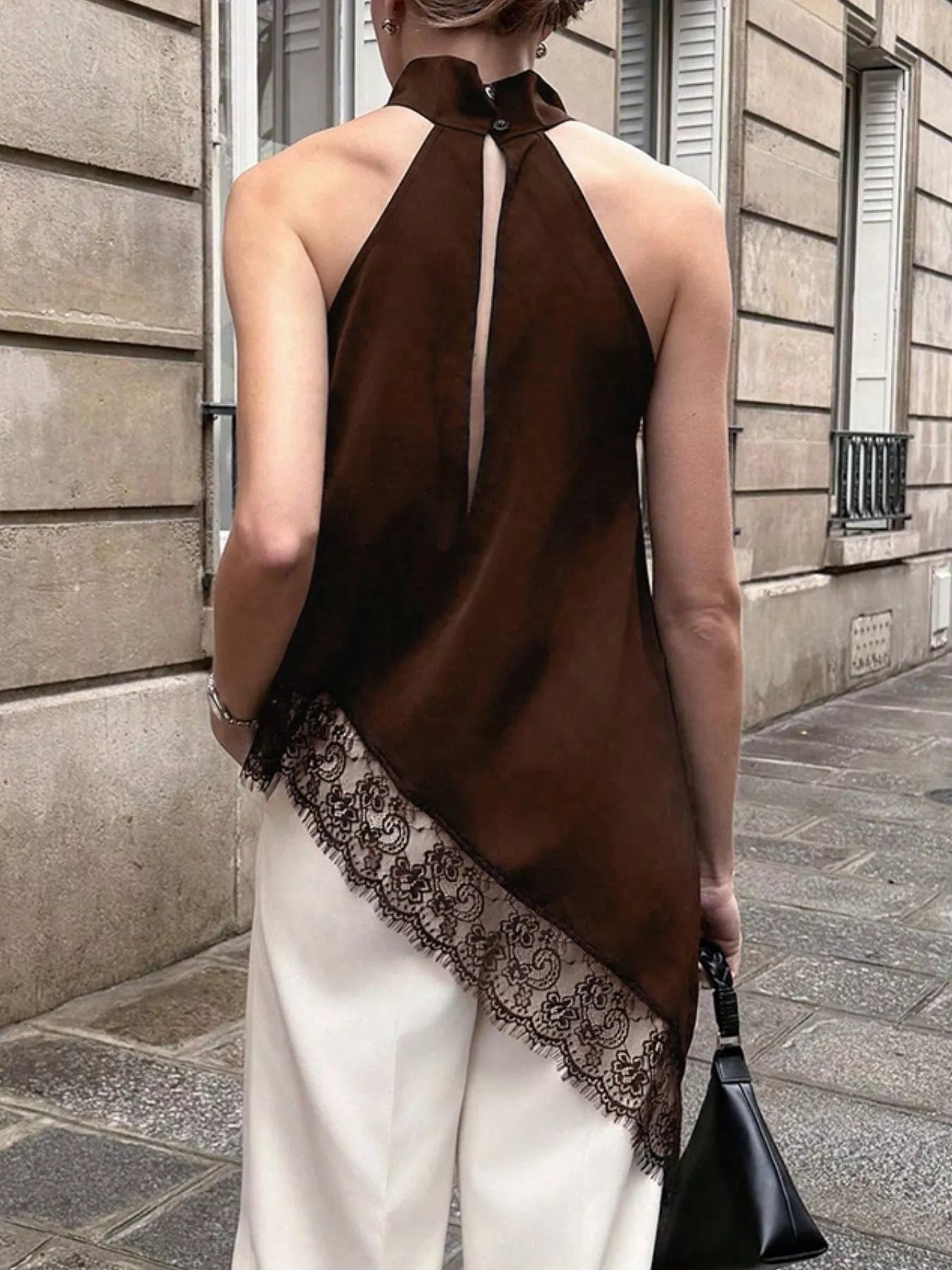 Polka Dot Lace Trim Asymmetrical Hem Sleeveless Blouse