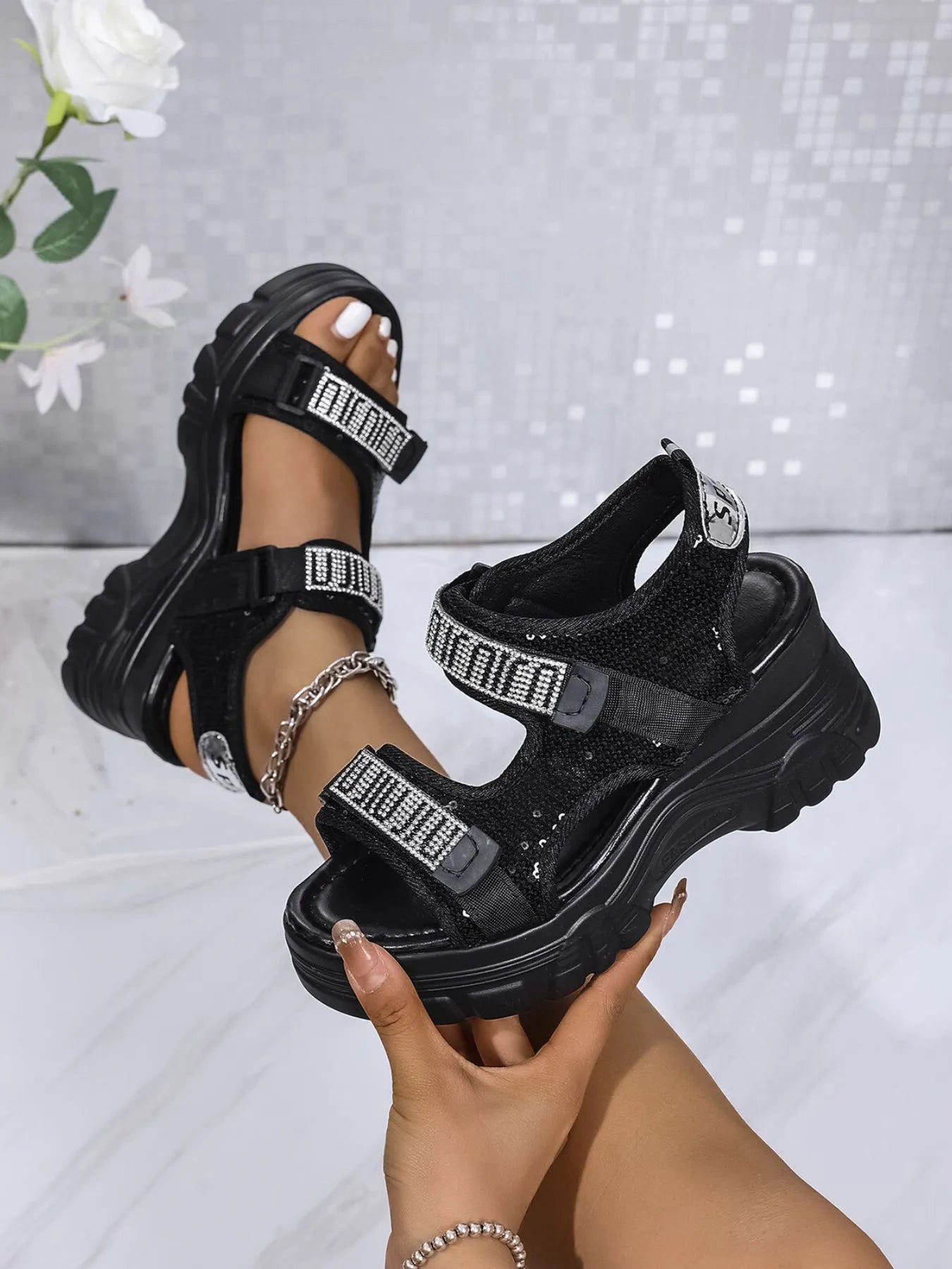 Rhinestone Open Toe Wedge Sandals