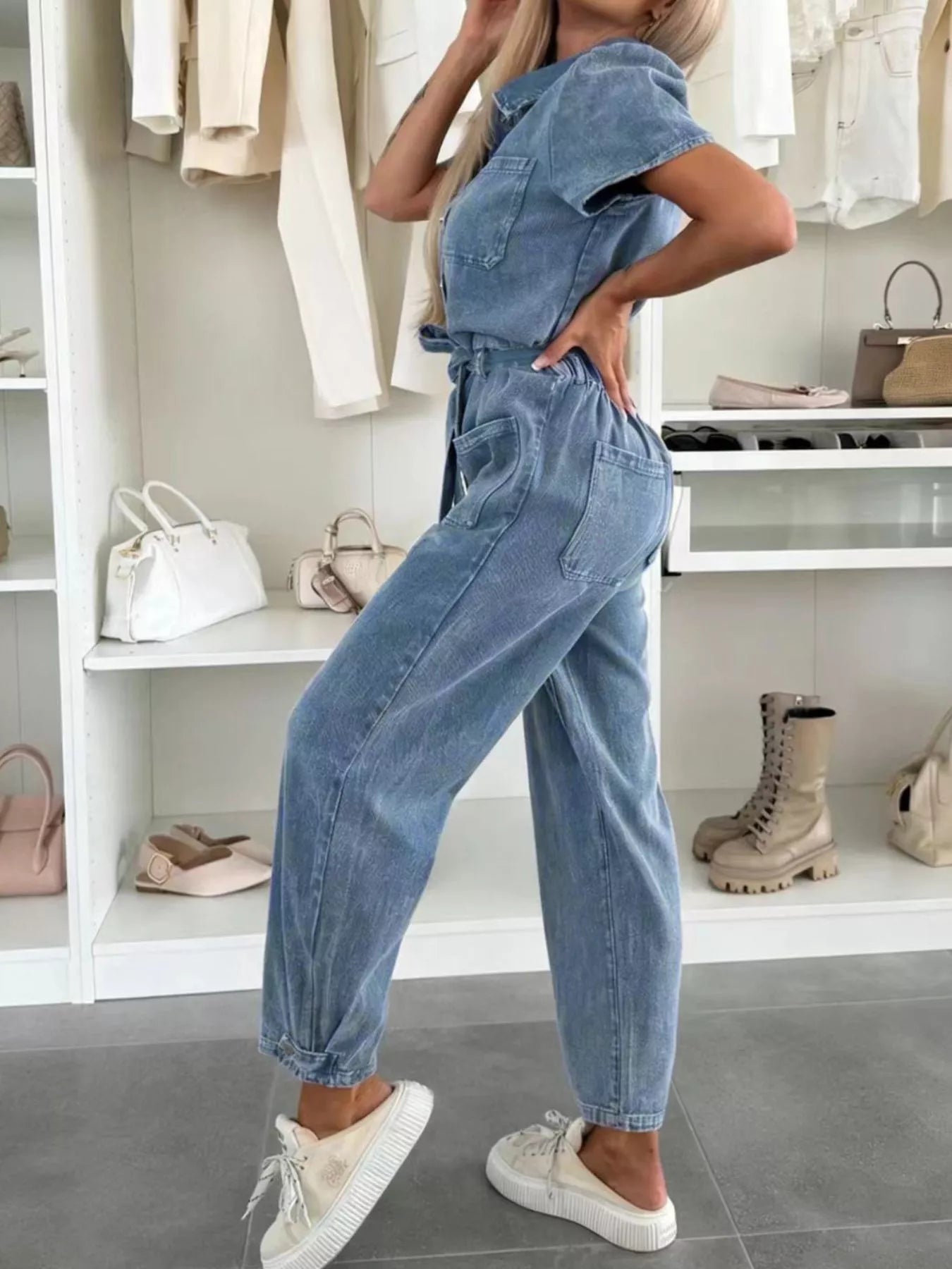 Vintage Wash Short Sleeve Denim Jumpsuit