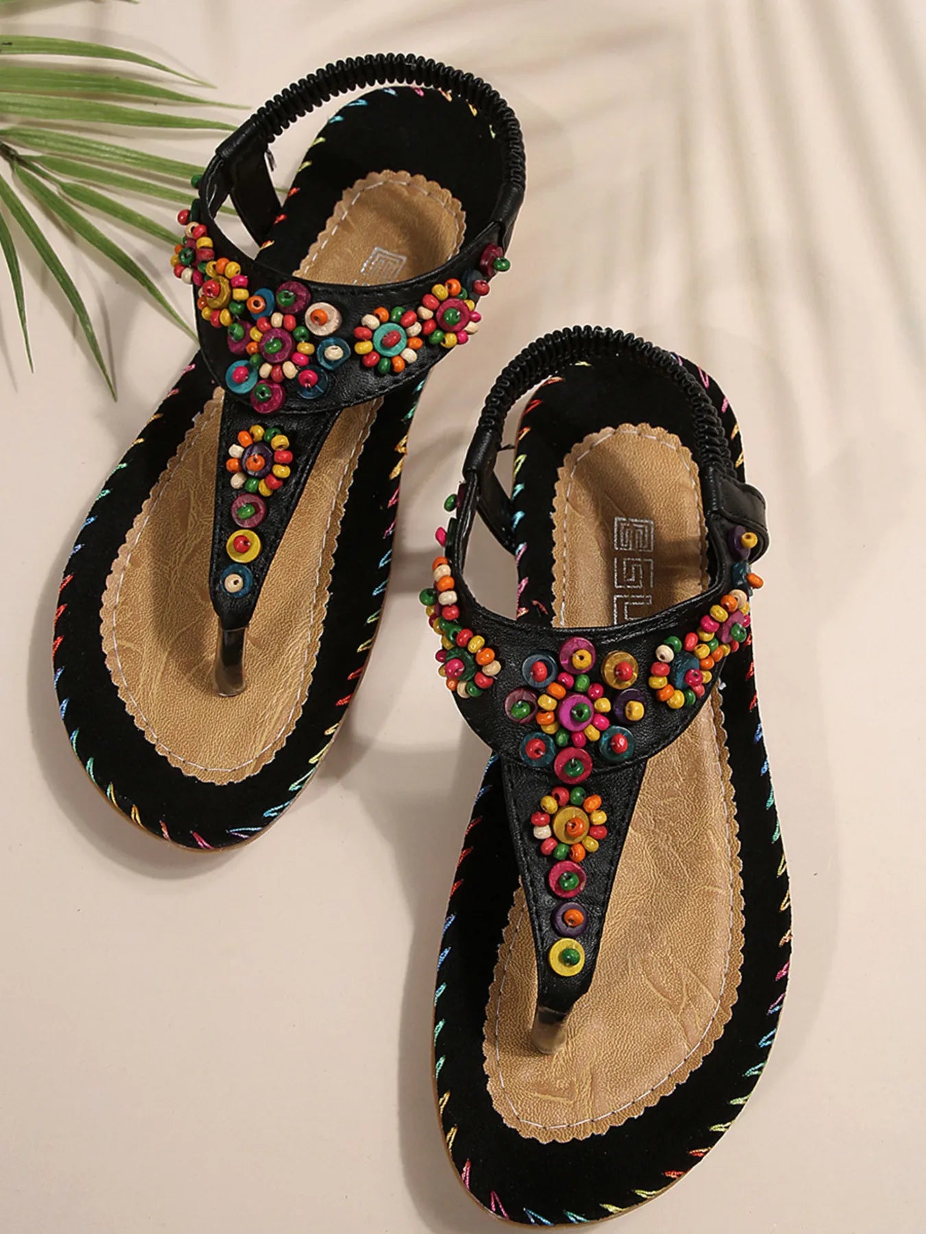 Colorful Beaded T-Strap Flat Sandals