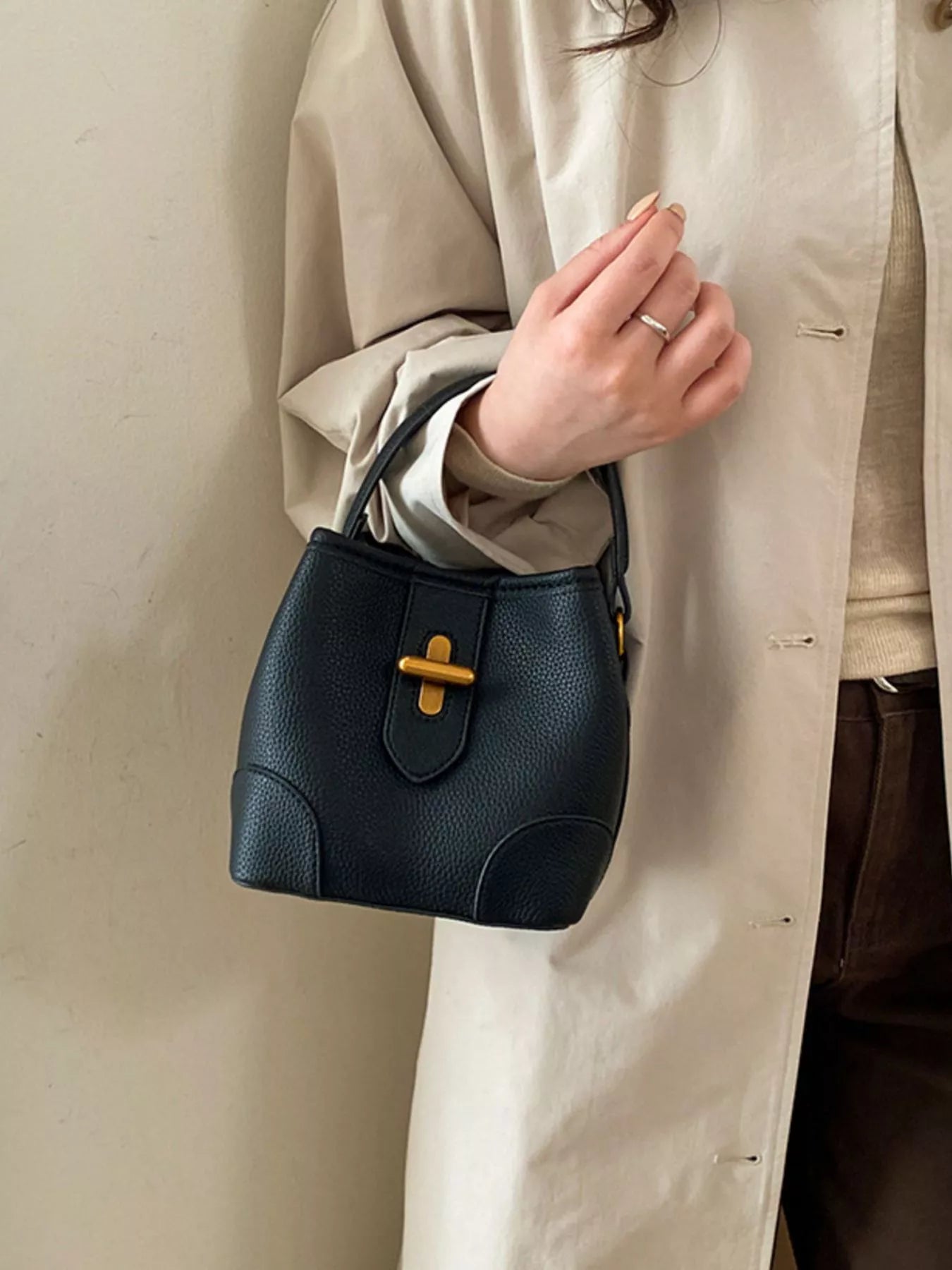 Textured Leather Bucket Crossbody Bag