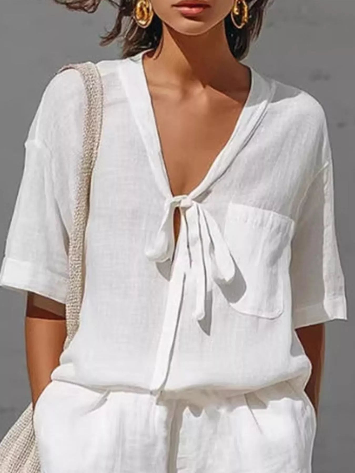 Tie-Front Half Sleeve Shirt and Shorts Set
