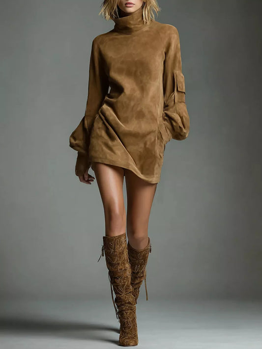 Full Size Suede Turtleneck Lantern Sleeve Mini Dress Plus Size