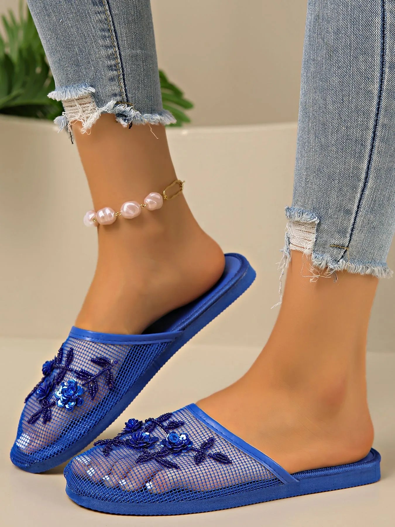 Mesh Floral Embroidered Slide Sandals