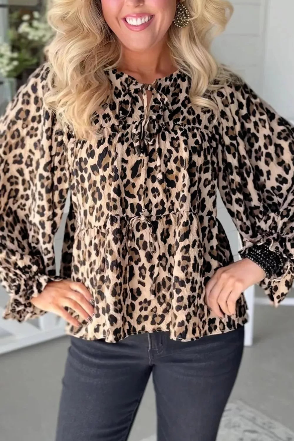 Leopard Print Tie-Neck Blouse