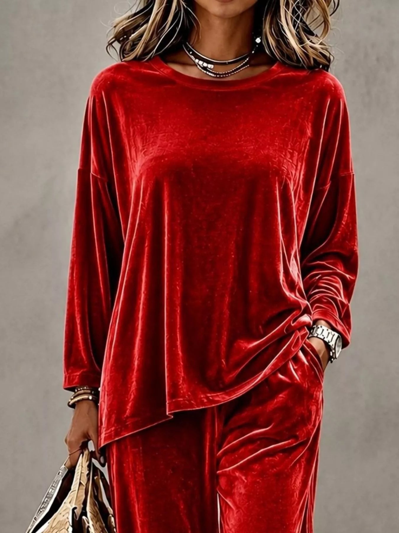 Full Size Velvet Long Sleeve Top and Pants Set Plus Size