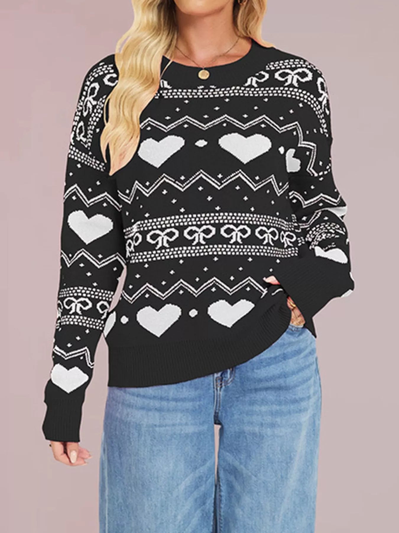 Heart Pattern Dropped Shoulder Sweater