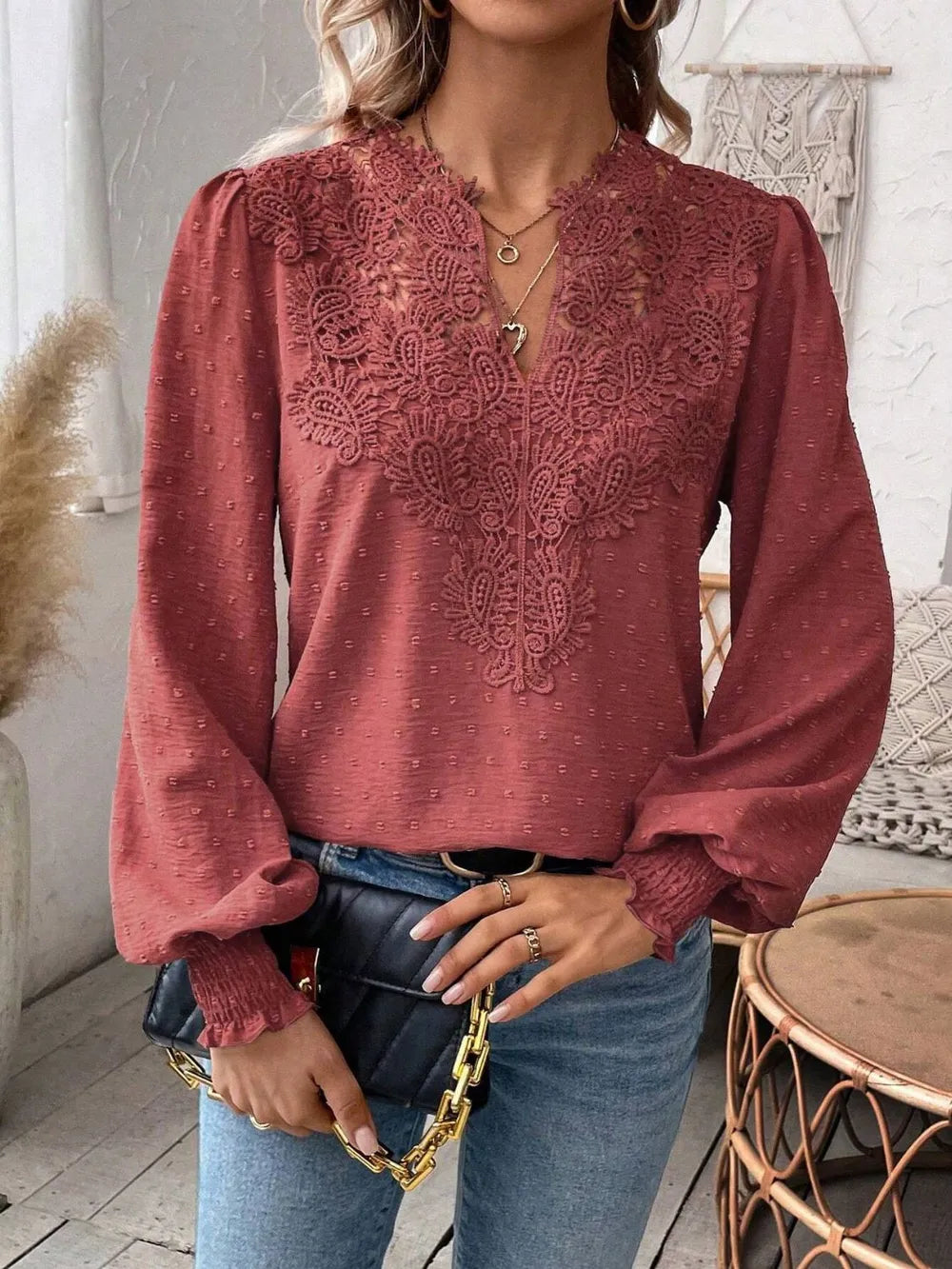 Swiss Dot Lace Detail Notched Long Sleeve Blouse – Feminine Style