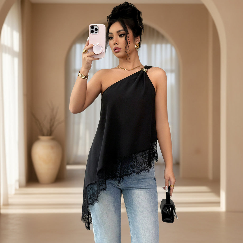 Off-Shoulder Metal Buckle Lace Patchwork Vest – Irregular Hem Loose Fit