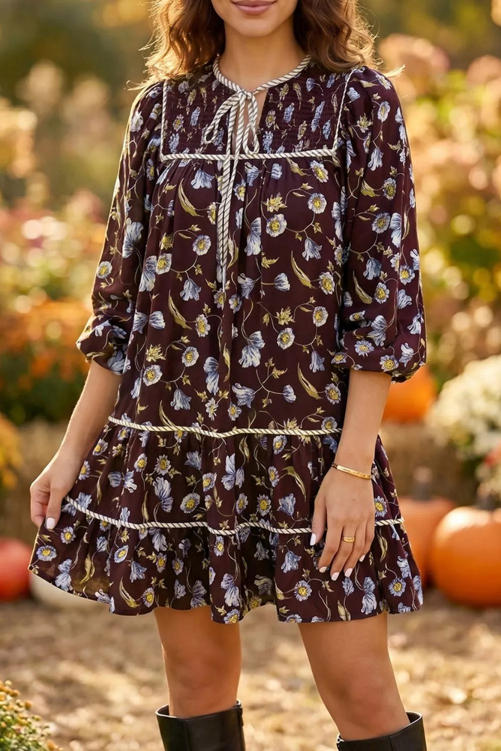 Floral Print Shirred V Neck Shift Dress
