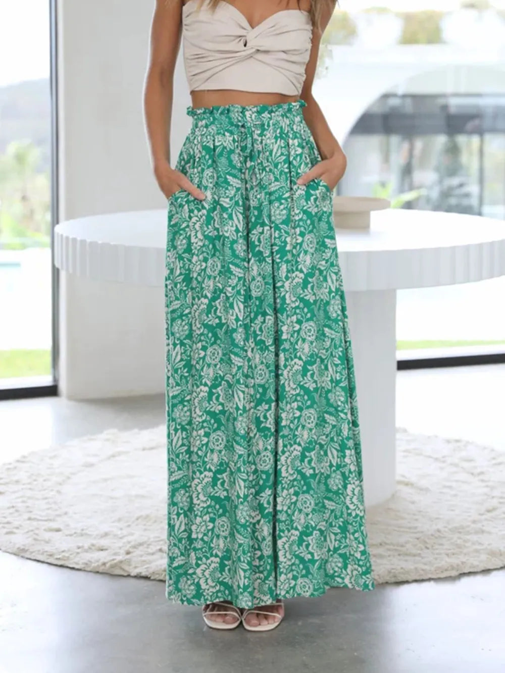 Drawstring Paperbag Waist Printed Wide Leg Pants