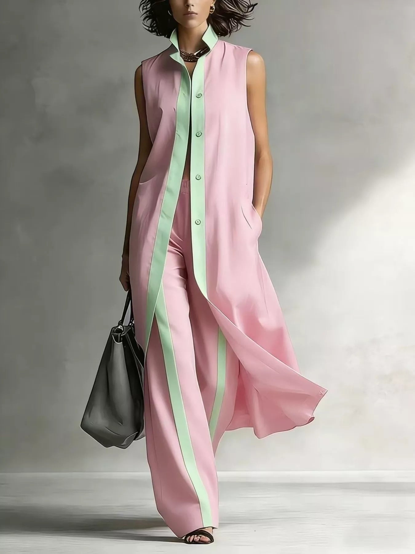 Full Size Sleeveless Longline Vest and Wide‑Leg Pants Set Plus Size