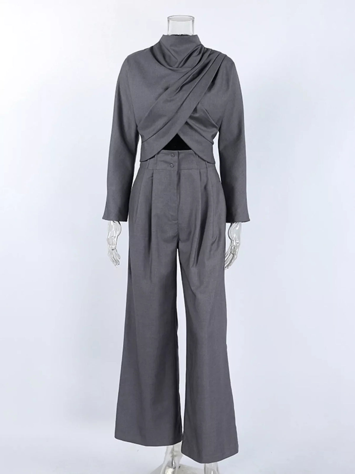 Draped Crop Top and Wide-Leg Pants Set