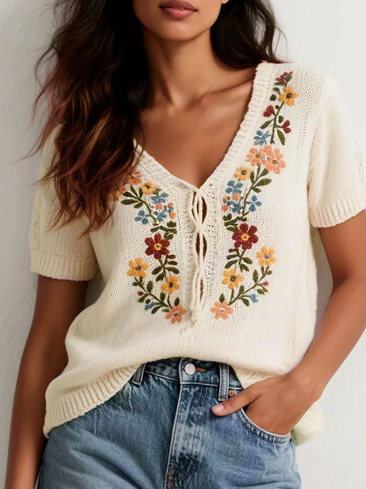 Floral Embroidered Short Sleeve Sweater
