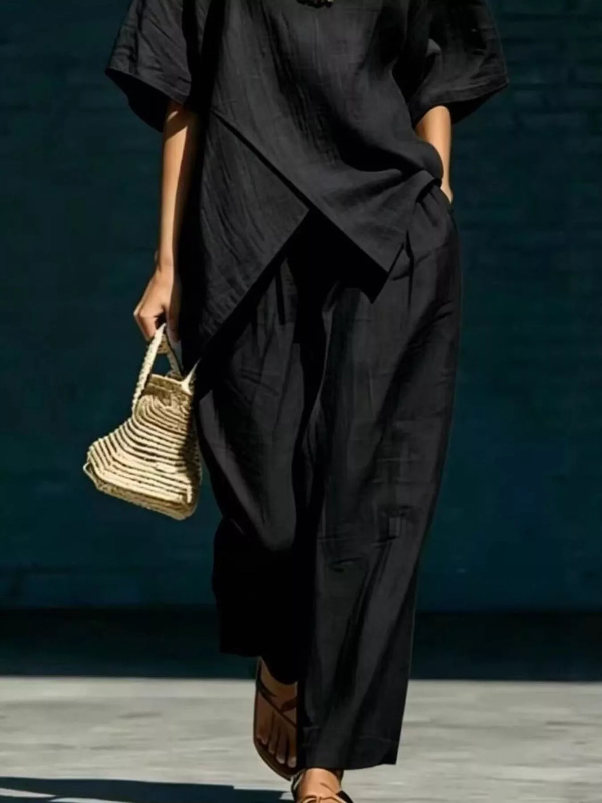 Full Size Asymmetric Top and Wide-Leg Pants Set Plus Size