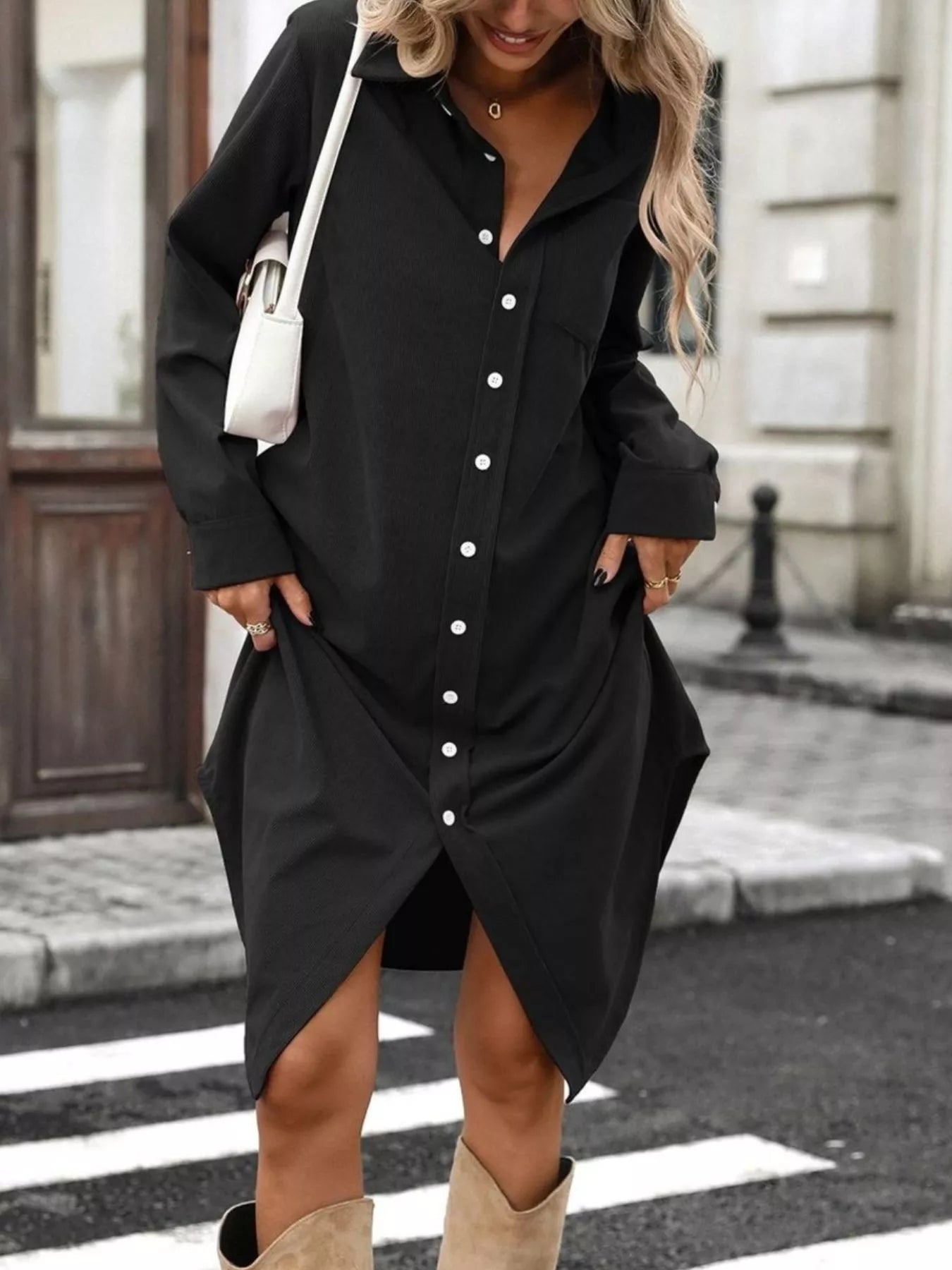 Corduroy Shirt Dress with Button-Down Front