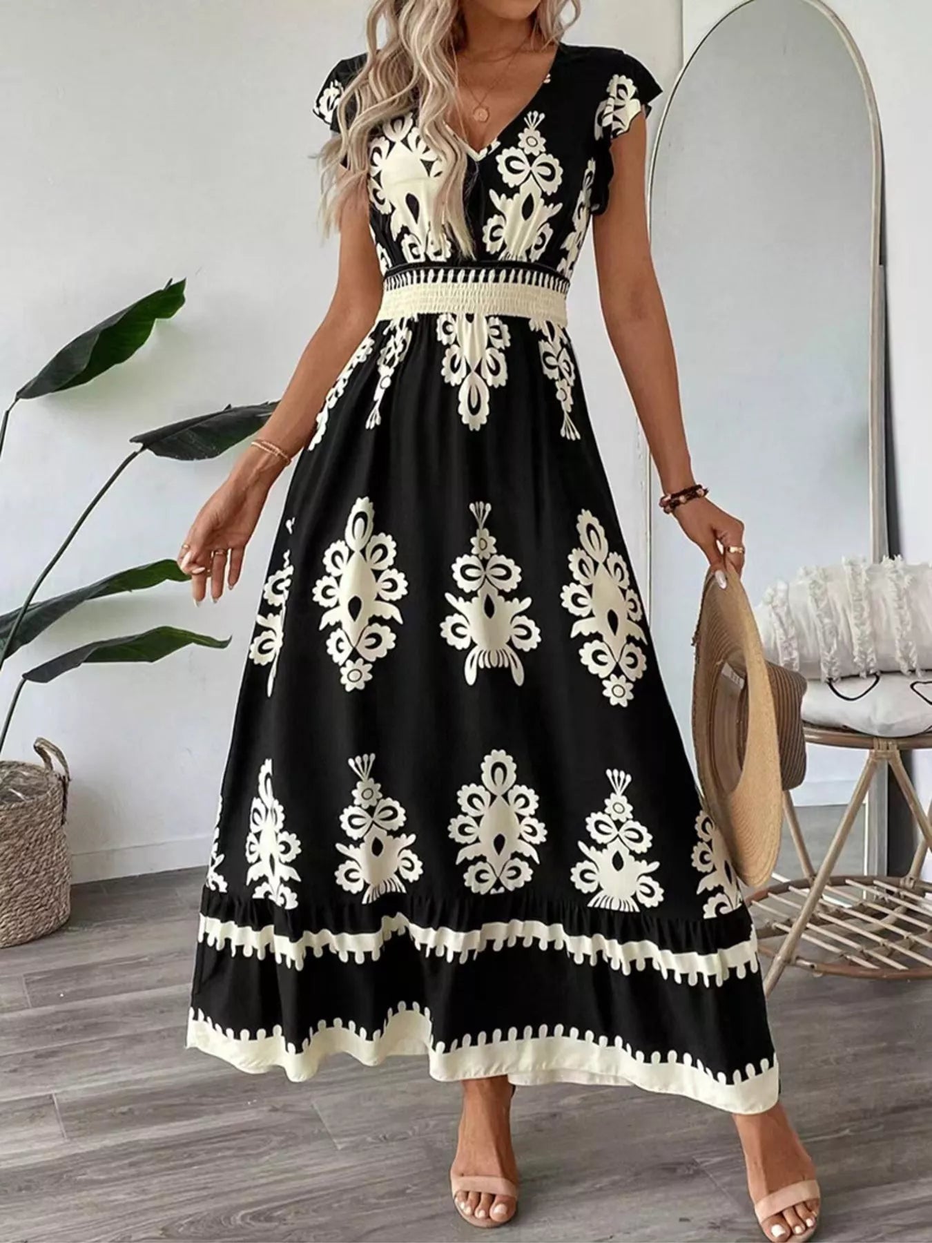 Ruffled Printed V-Neck Maxi Dress