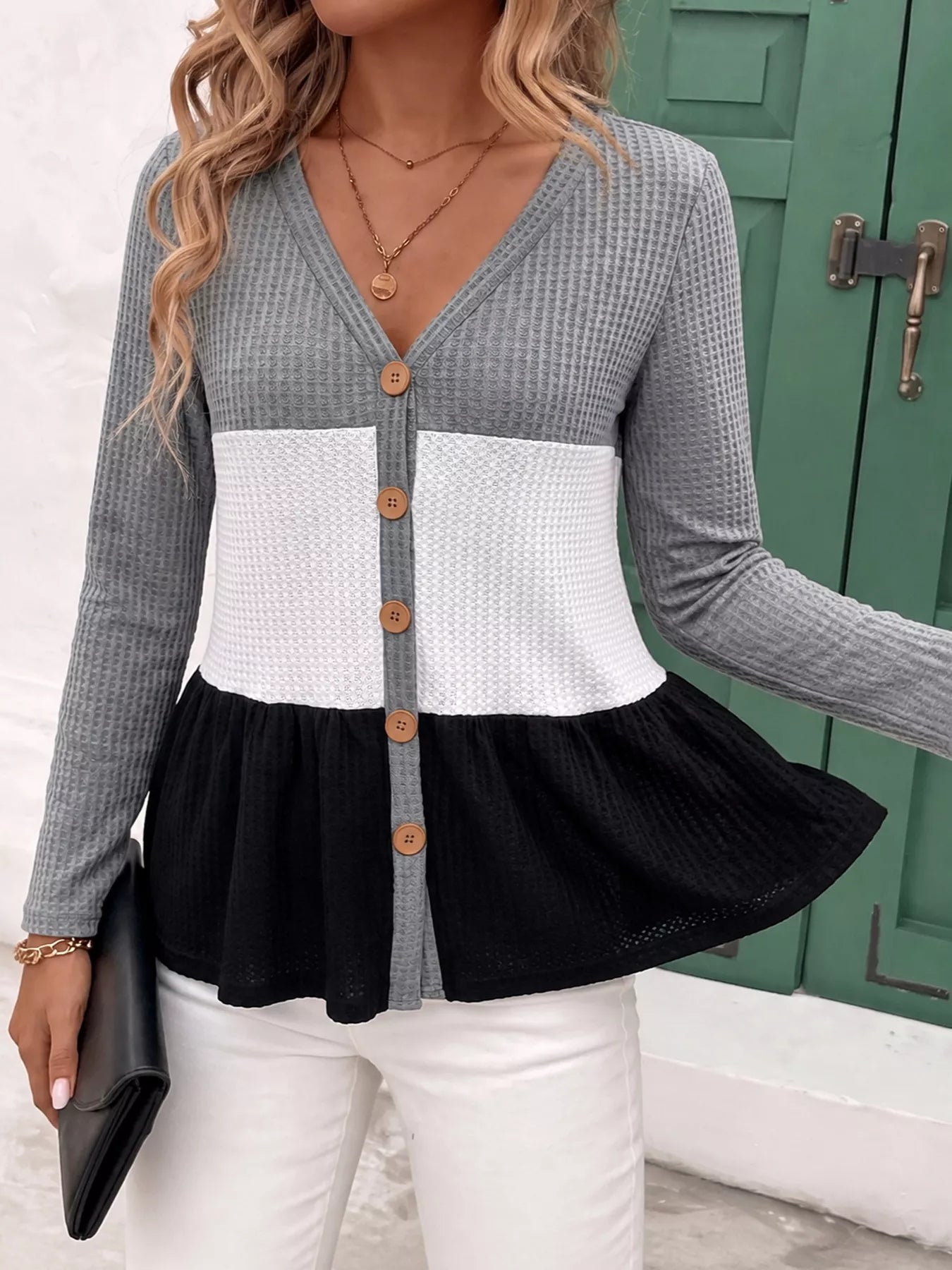 Color Block Waffle Knit Button-Down Cardigan