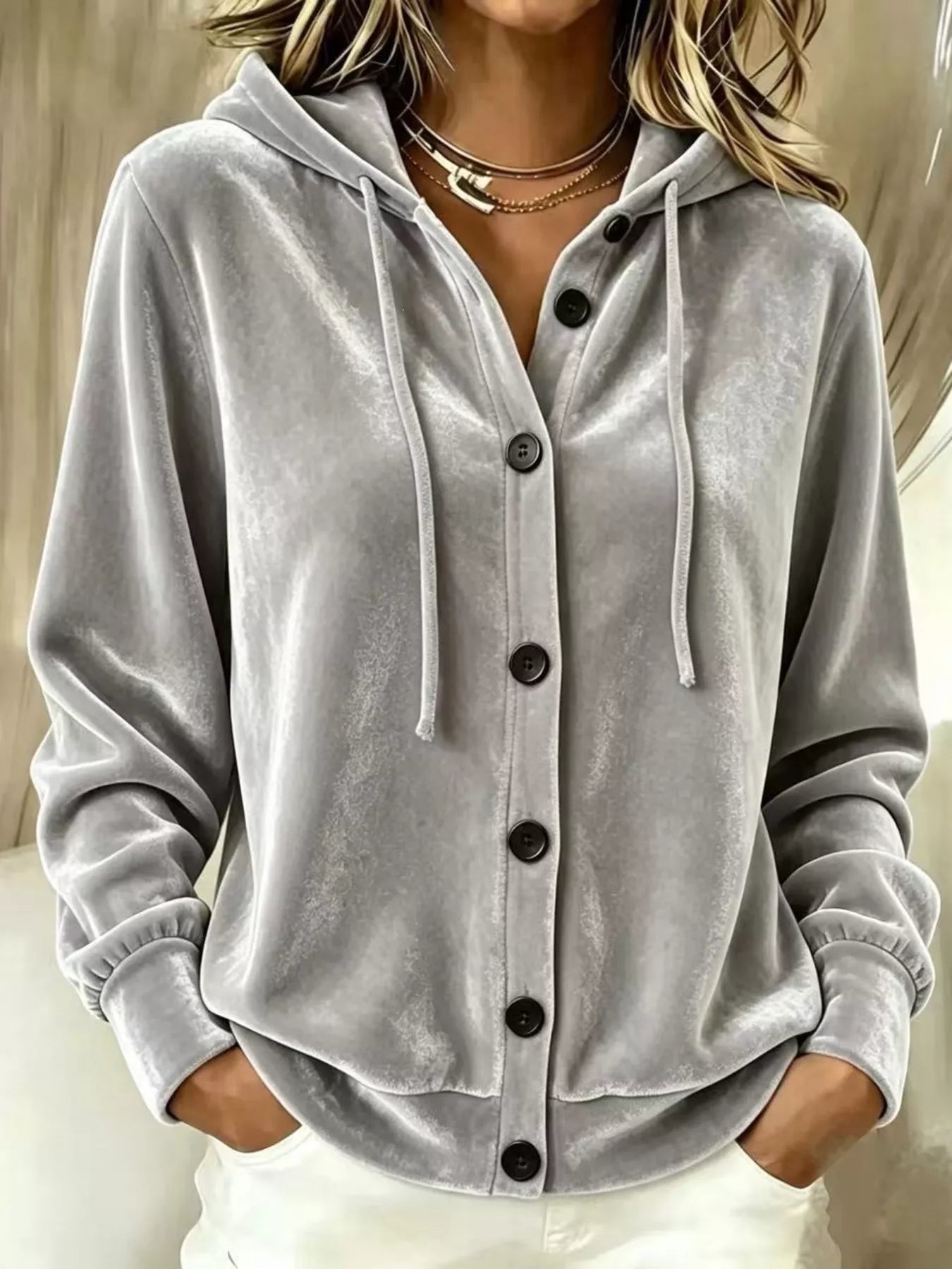 Full Size Velvet Button-Down Hooded Outerwear Plus Size