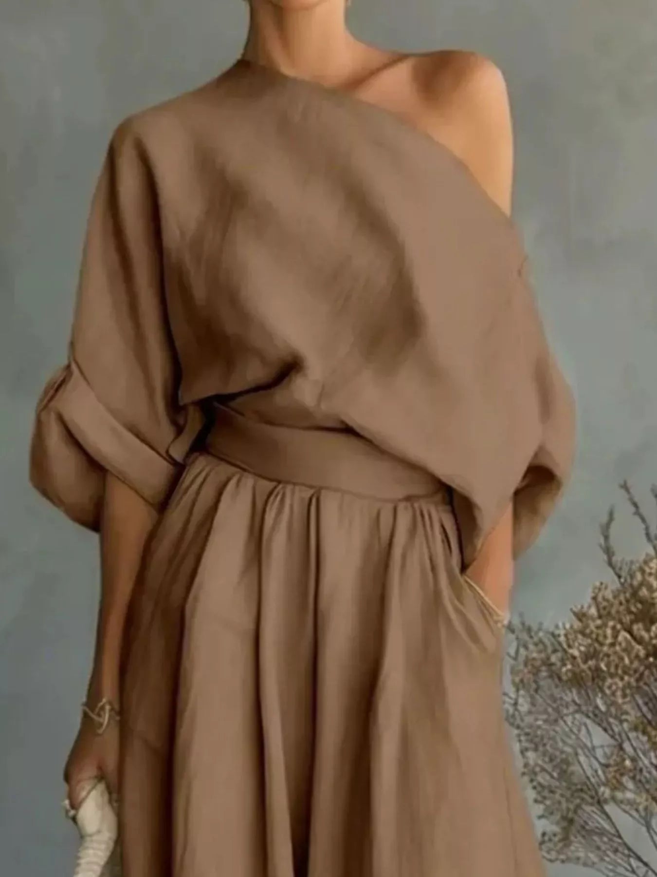 Full Size One Shoulder Top and Wide Leg Pants Set Plus Size