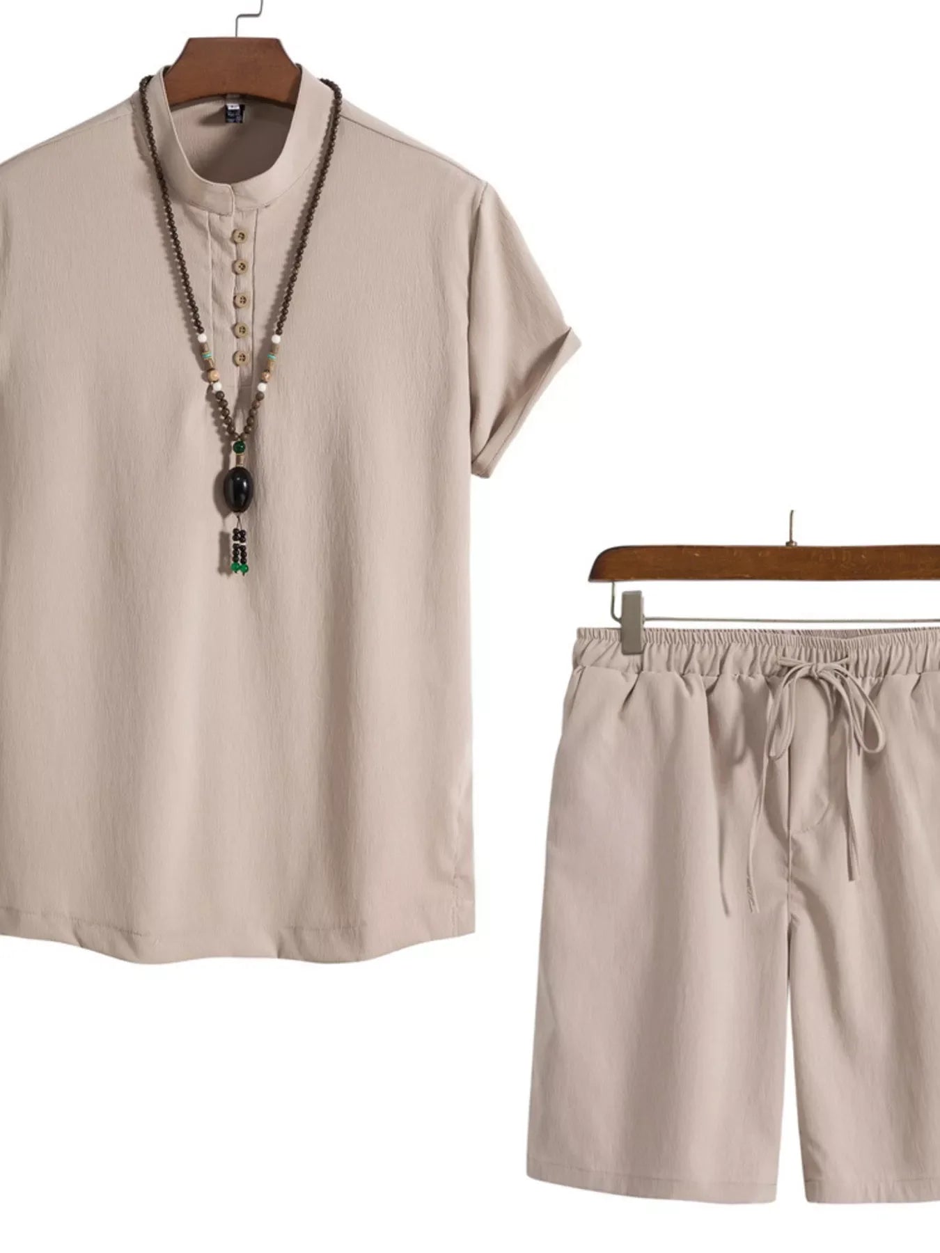 Men's Plus Size Casual Mandarin Collar Short Sleeve Shirt and Shorts Set