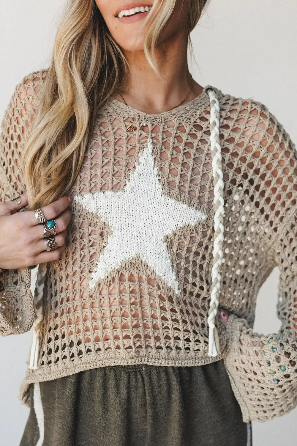 Star Pattern Crochet Hooded Drawstring Knit Cover Up