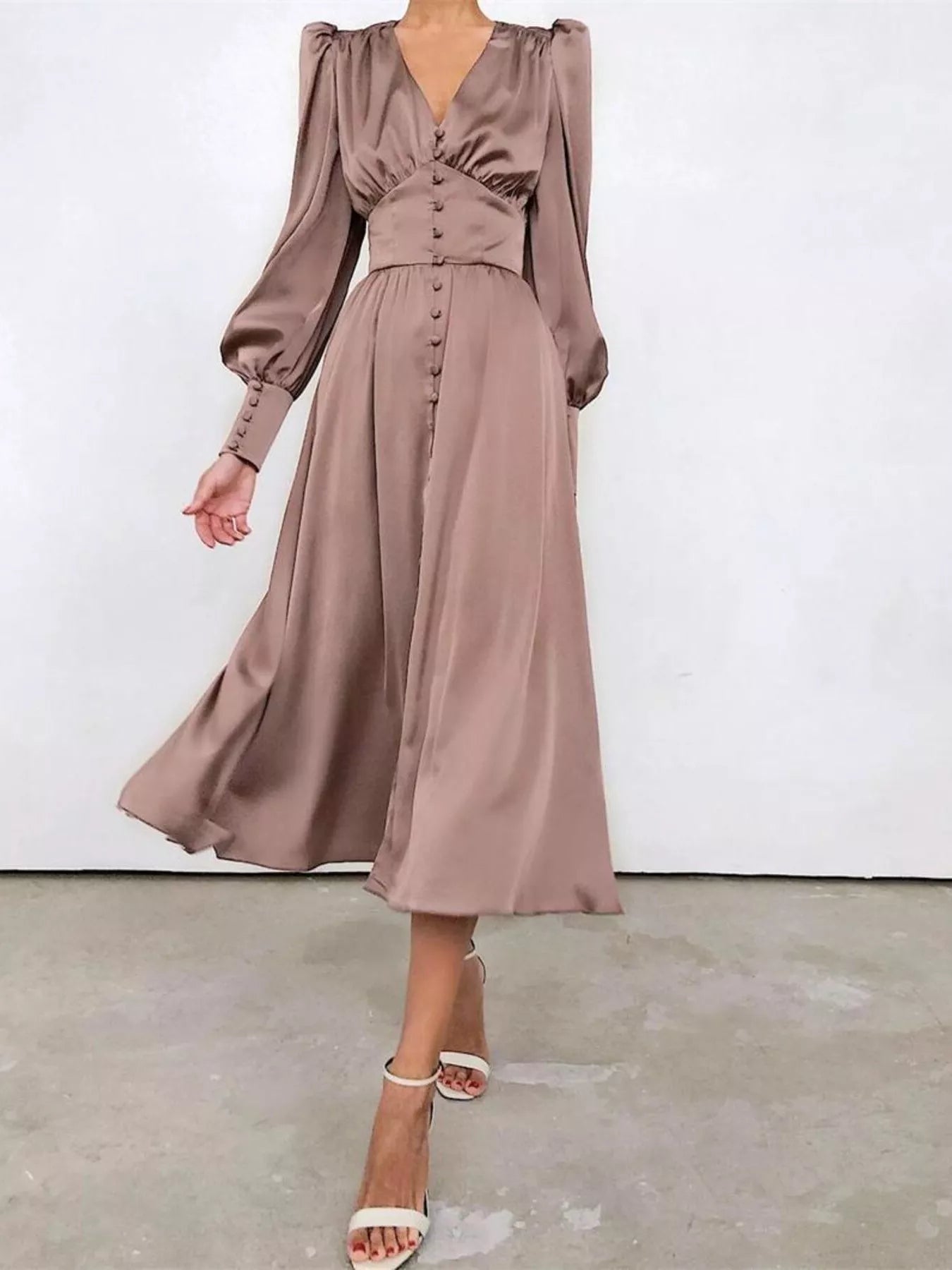 Elegant V-Neck Puff Sleeve Button-Down Midi Dress