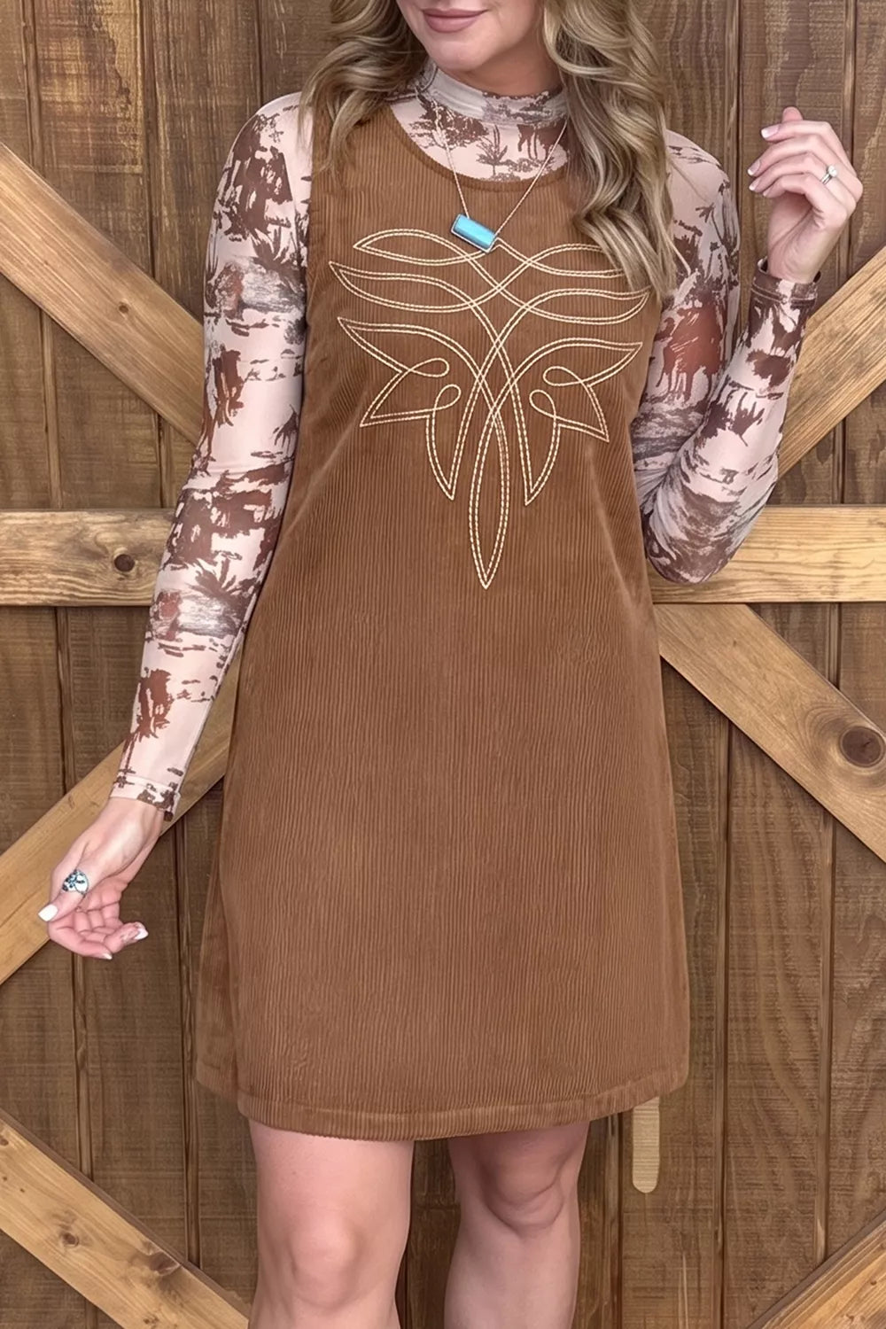 Geometric Embroidery Sleeveless Corduroy Shift Dress
